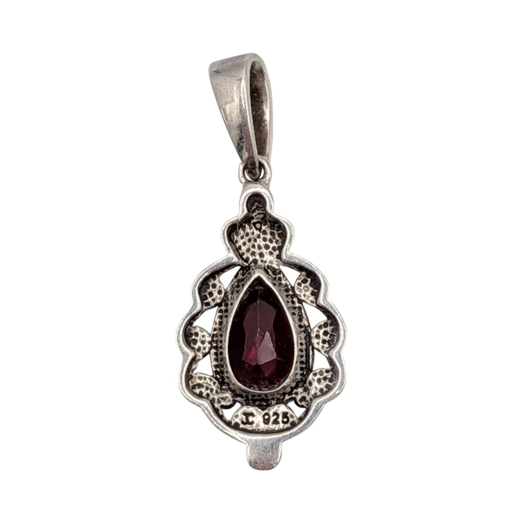 Signed Sterling Silver Garnet Marcasite Teardrop Pendant