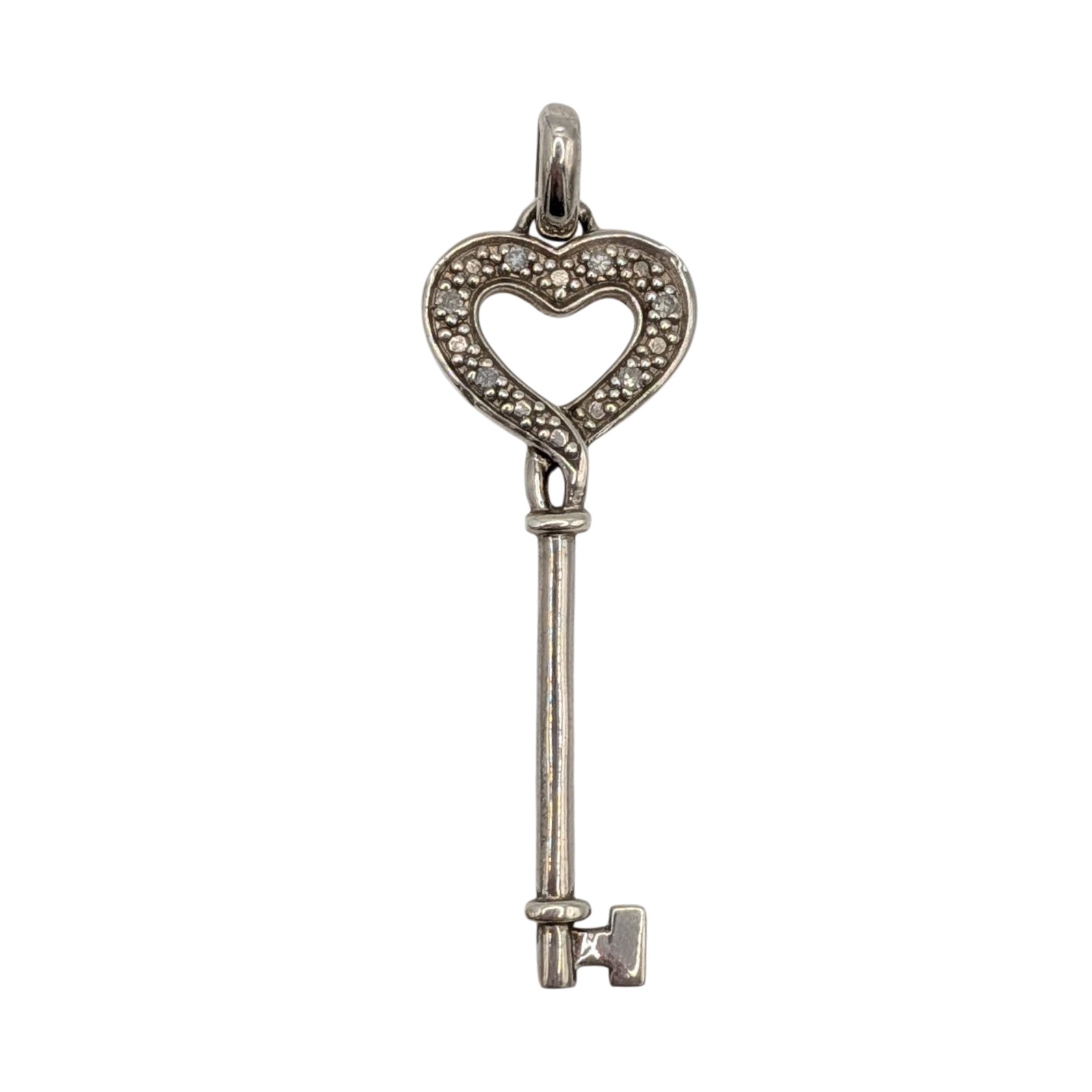 Signed Sterling Silver Diamond Heart Key Pendant