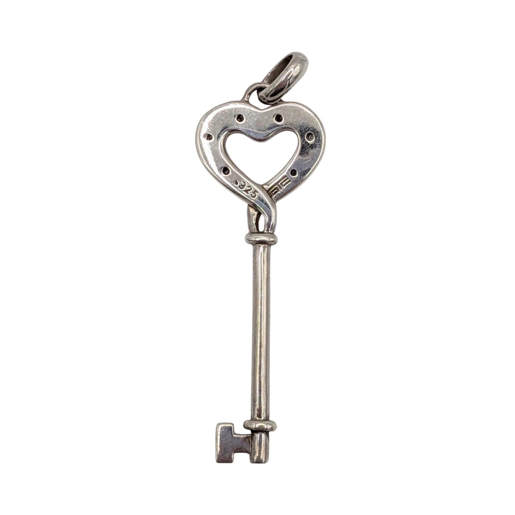 Signed Sterling Silver Diamond Heart Key Pendant
