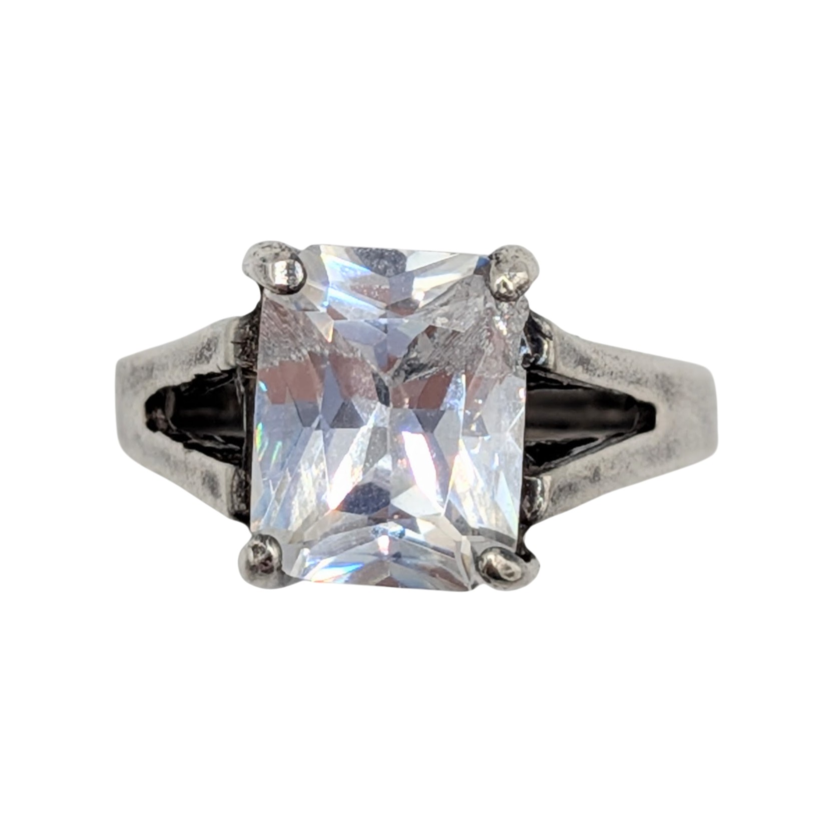 Signed Sterling Silver White CZ Rectangle Cut Engagement Ring Size 6.75