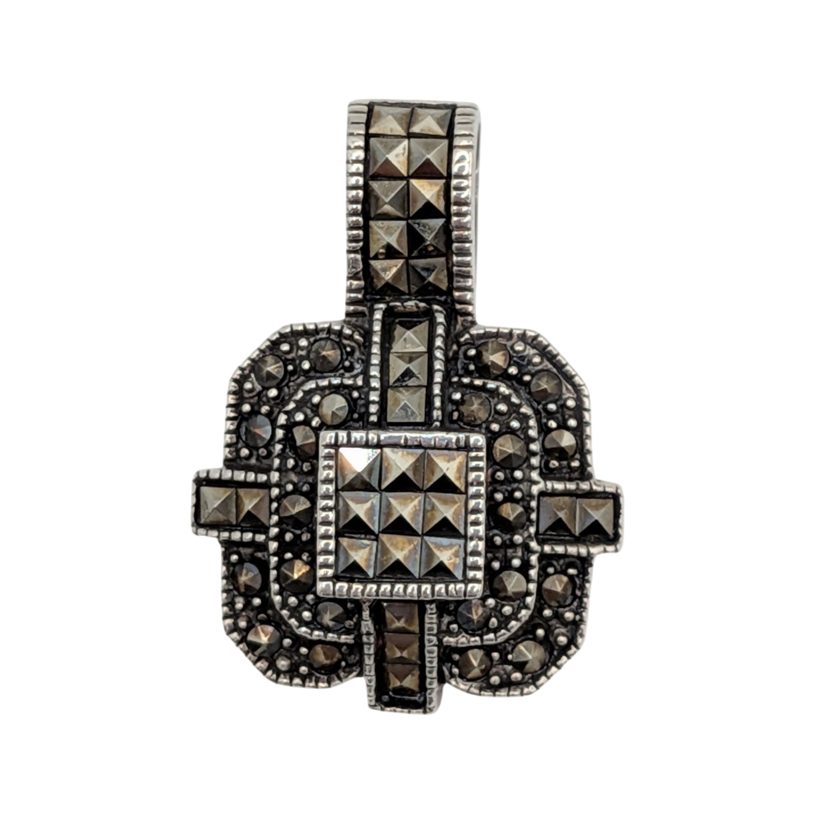 Signed Sterling Silver Marcasite Square Dome Cross Pendant
