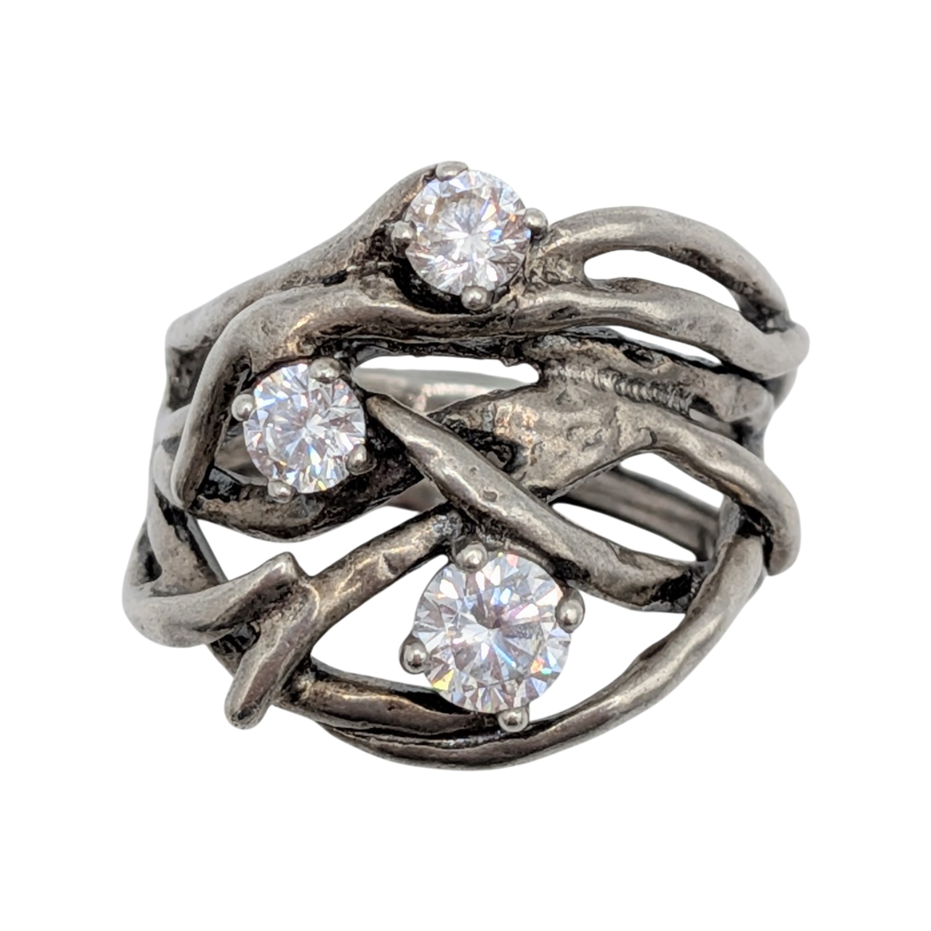 Sterling Silver CZ Tri Stone Twisted Vine Ring Size 8.25
