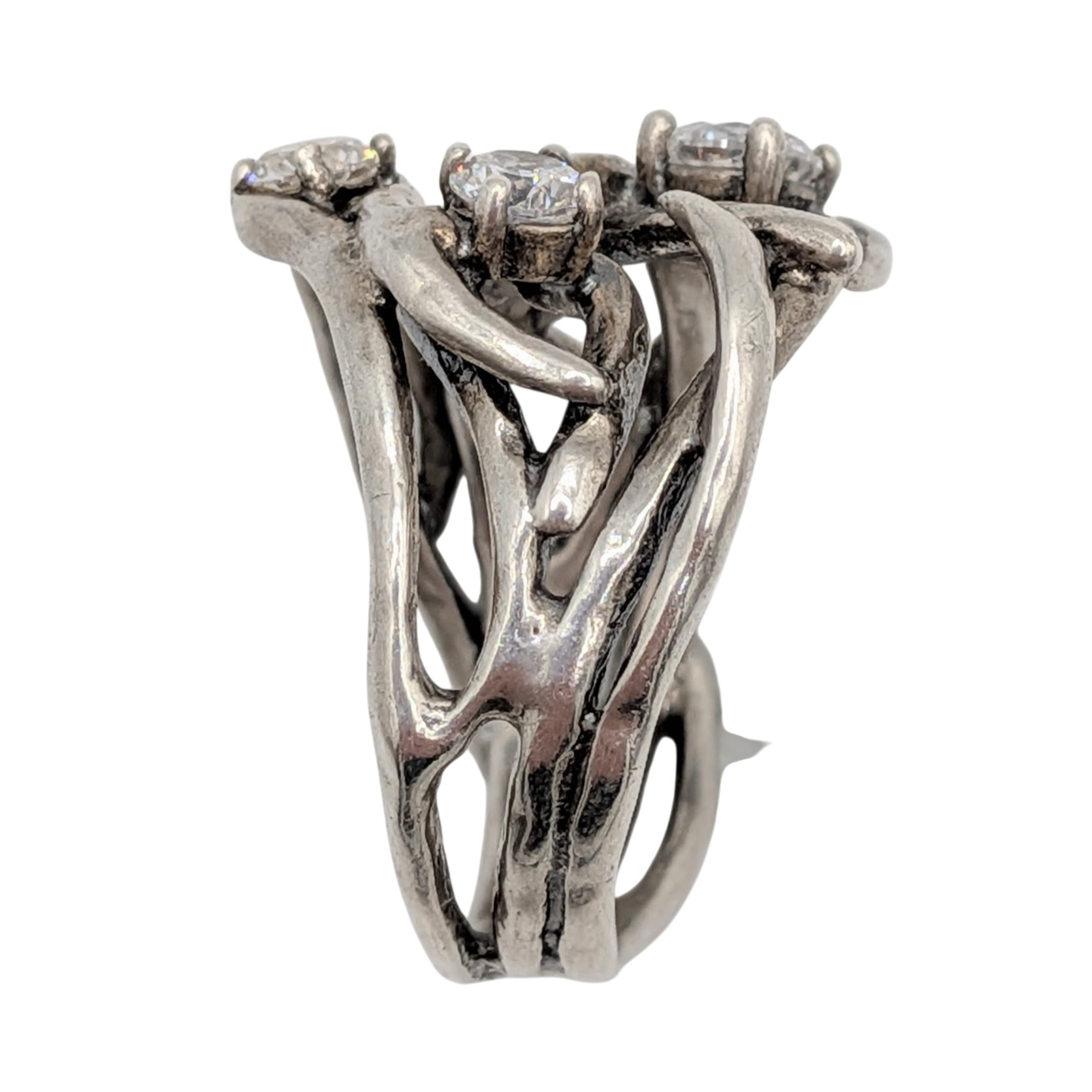 Sterling Silver CZ Tri Stone Twisted Vine Ring Size 8.25