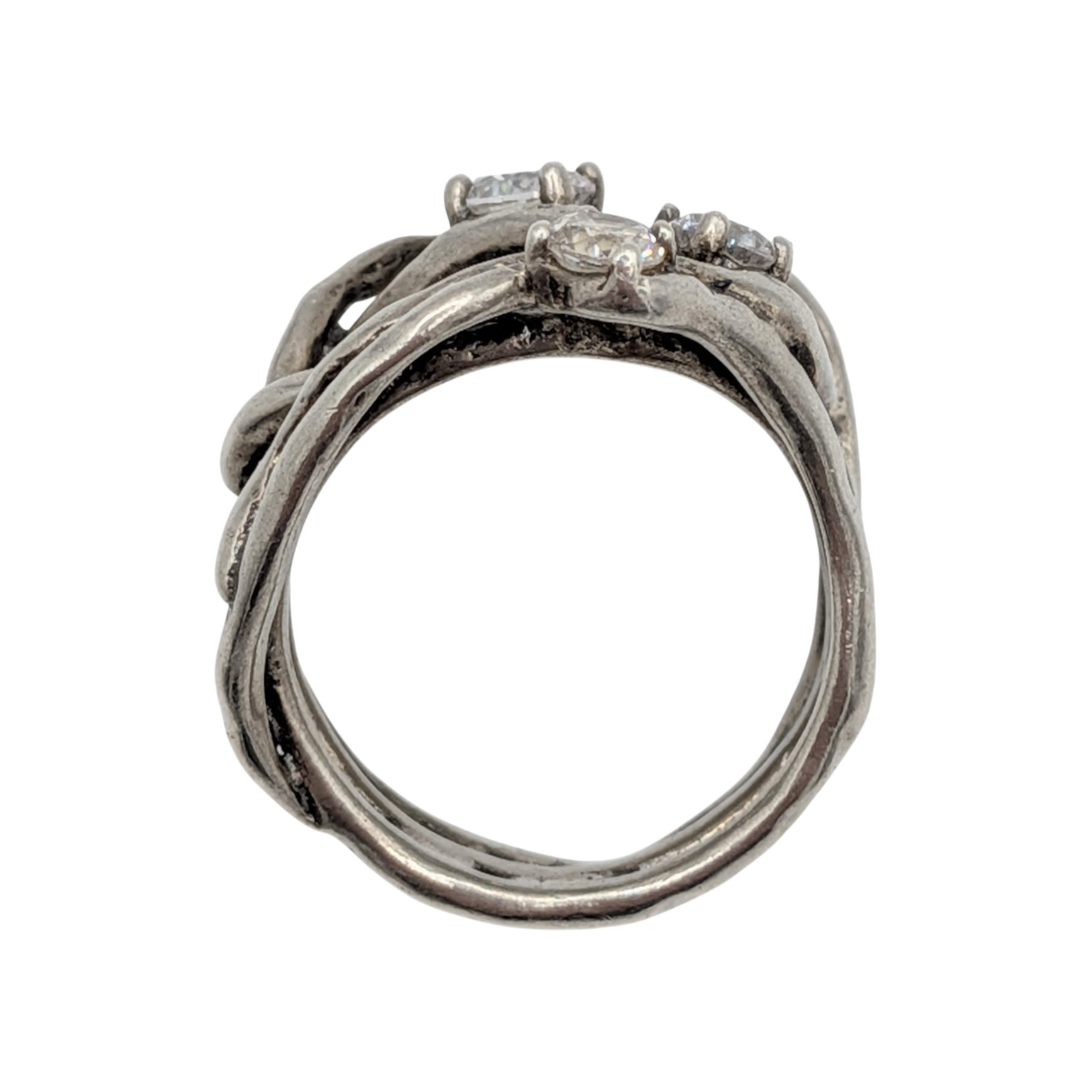 Sterling Silver CZ Tri Stone Twisted Vine Ring Size 8.25