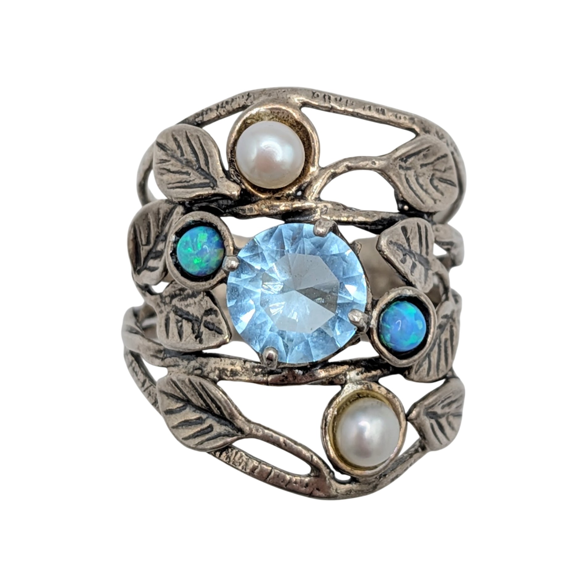 Israel Sterling Silver CZ Opal Pearl Leaf Ring Size 10