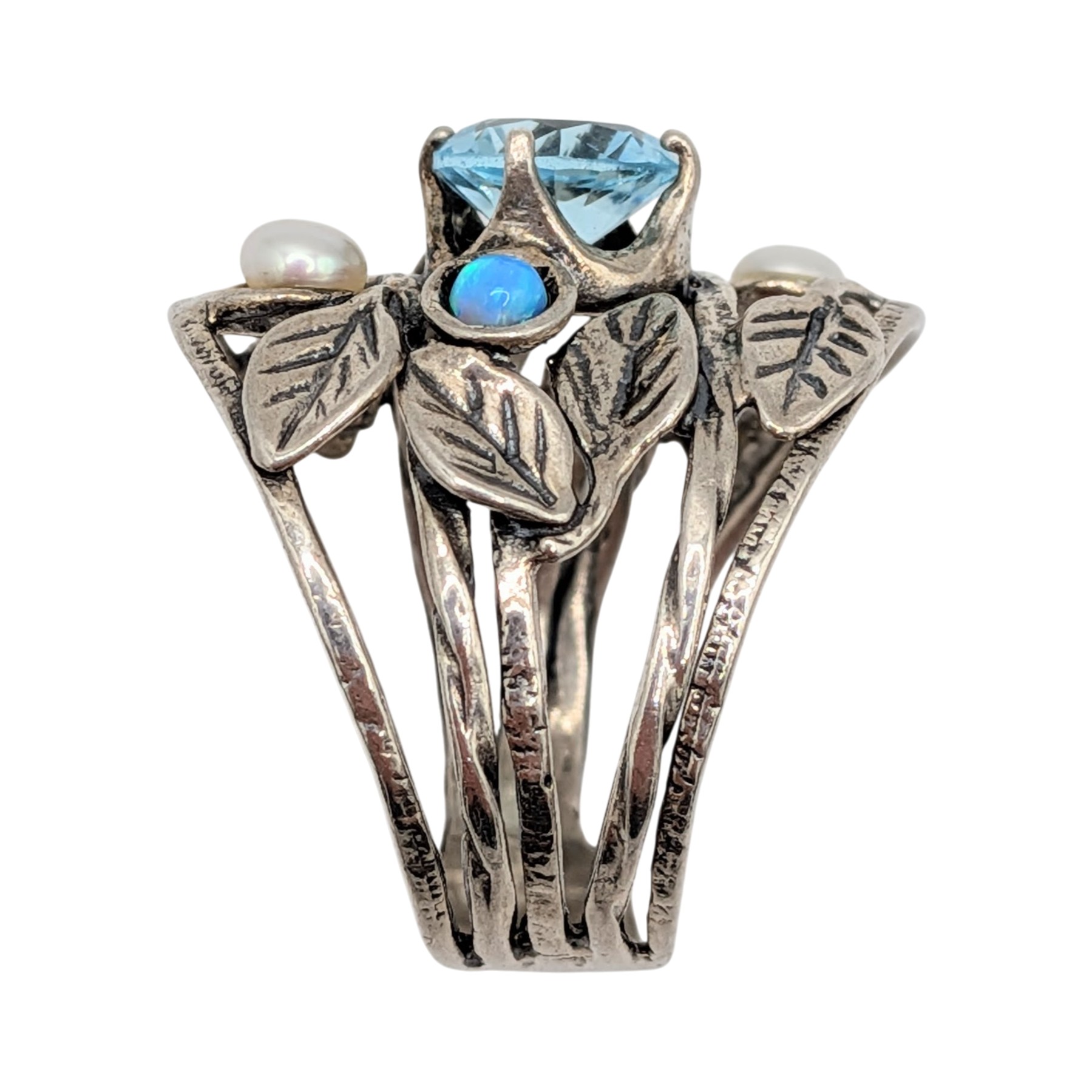 Israel Sterling Silver CZ Opal Pearl Leaf Ring Size 10