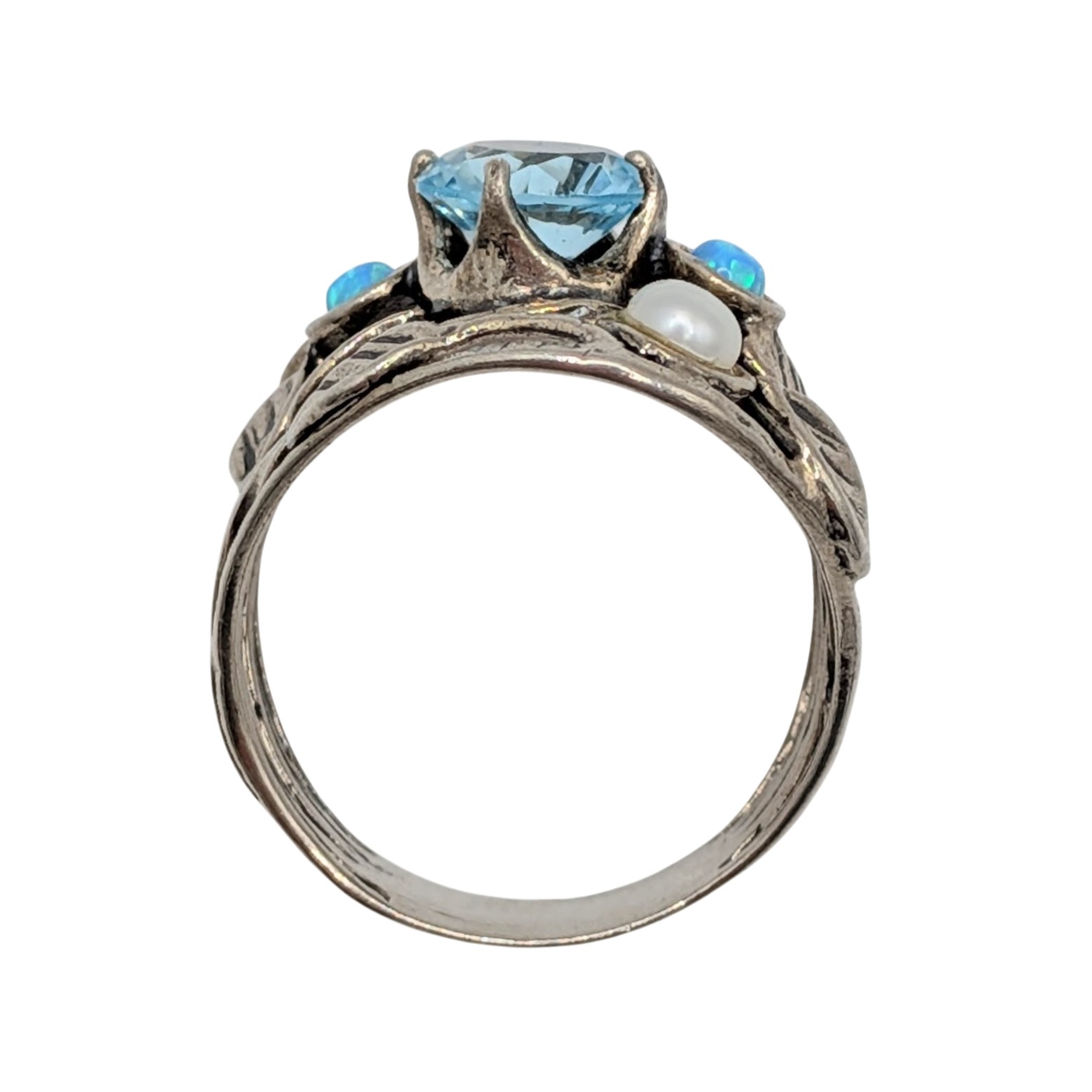 Israel Sterling Silver CZ Opal Pearl Leaf Ring Size 10