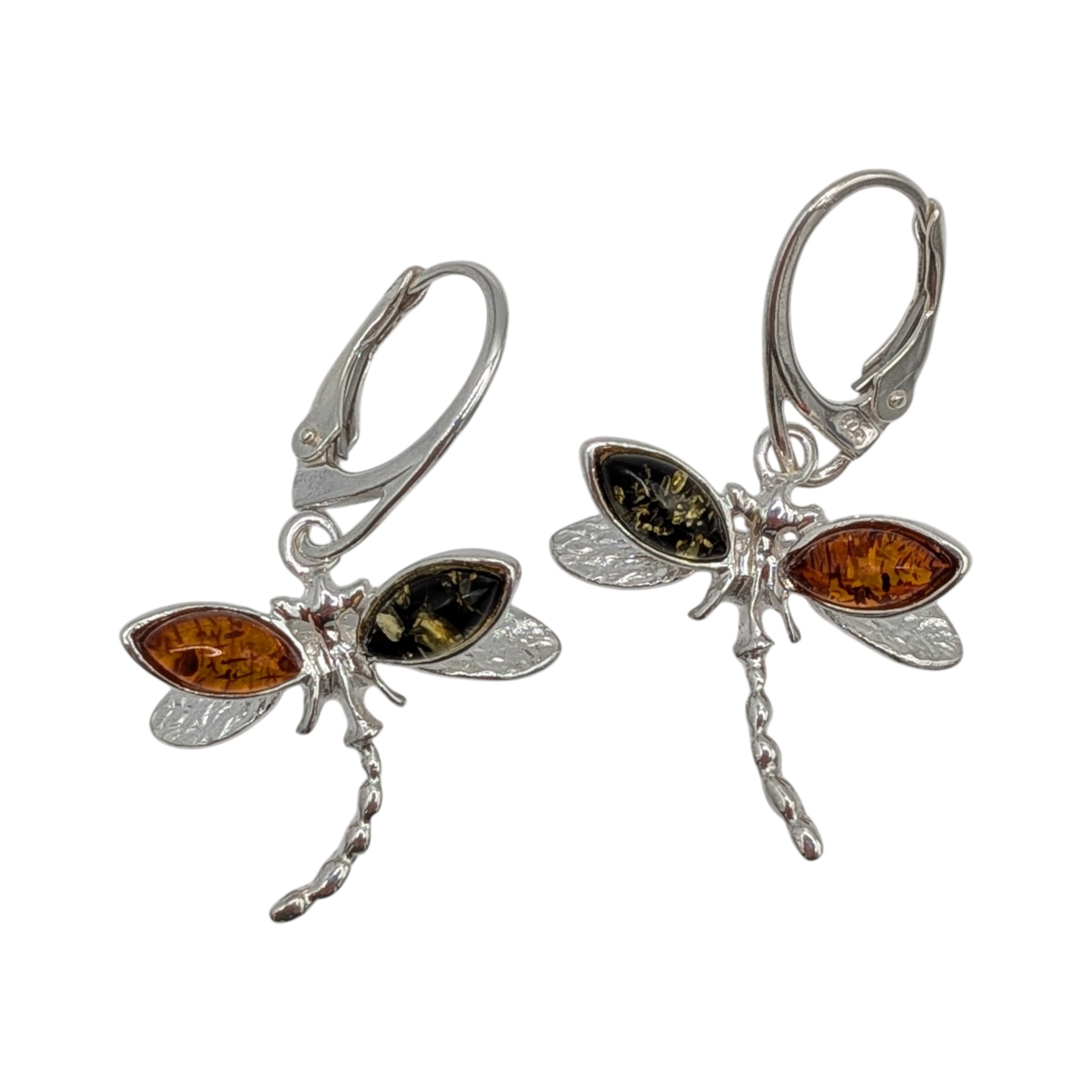 Signed Sterling Silver Two Tone Amber Dragonfly Dangle Earrings