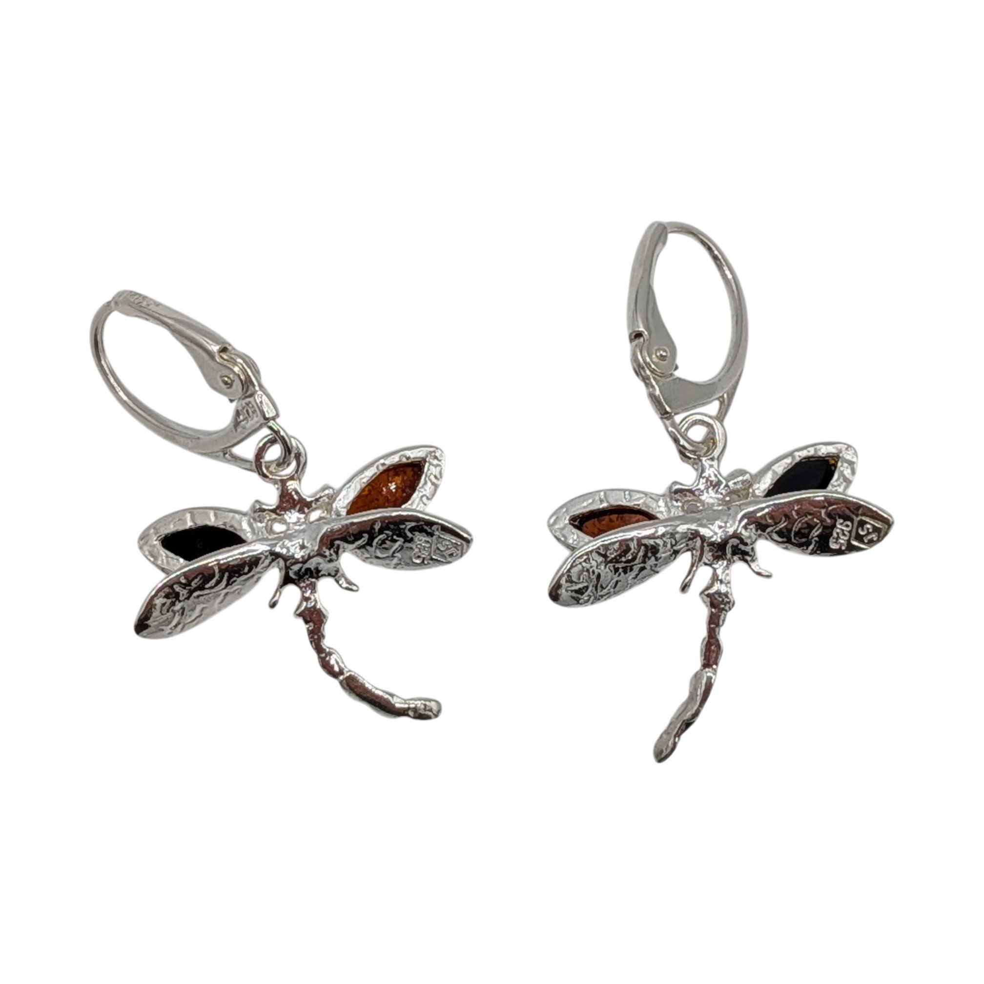 Signed Sterling Silver Two Tone Amber Dragonfly Dangle Earrings