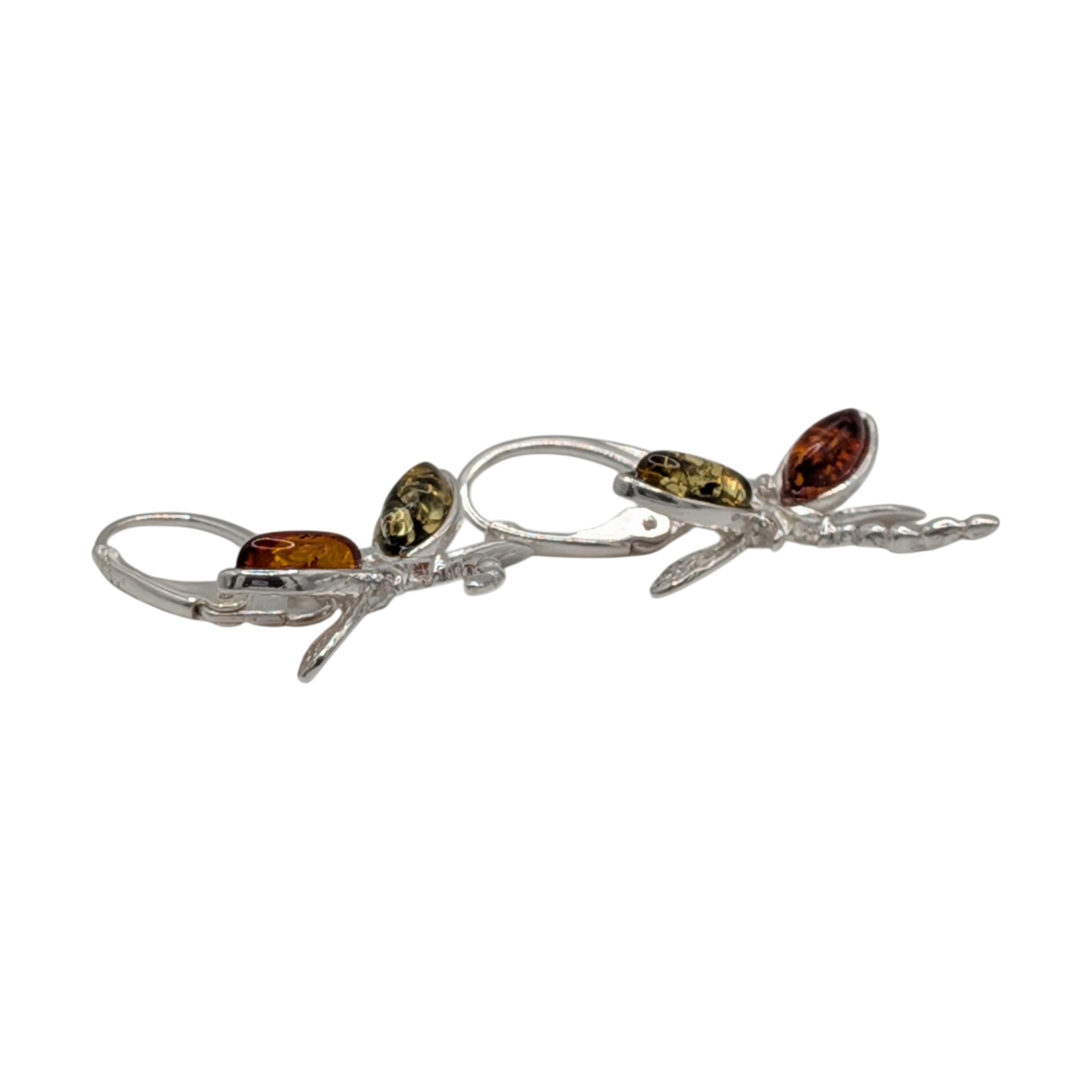 Signed Sterling Silver Two Tone Amber Dragonfly Dangle Earrings