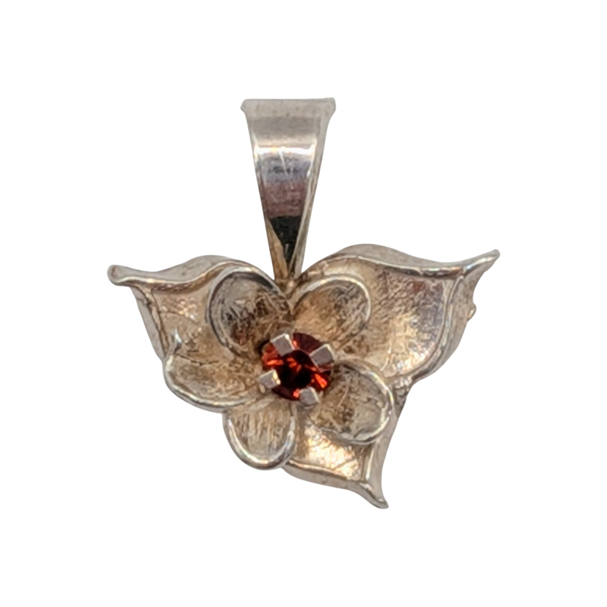 Signed Sterling Silver Ruby Flower Pendant