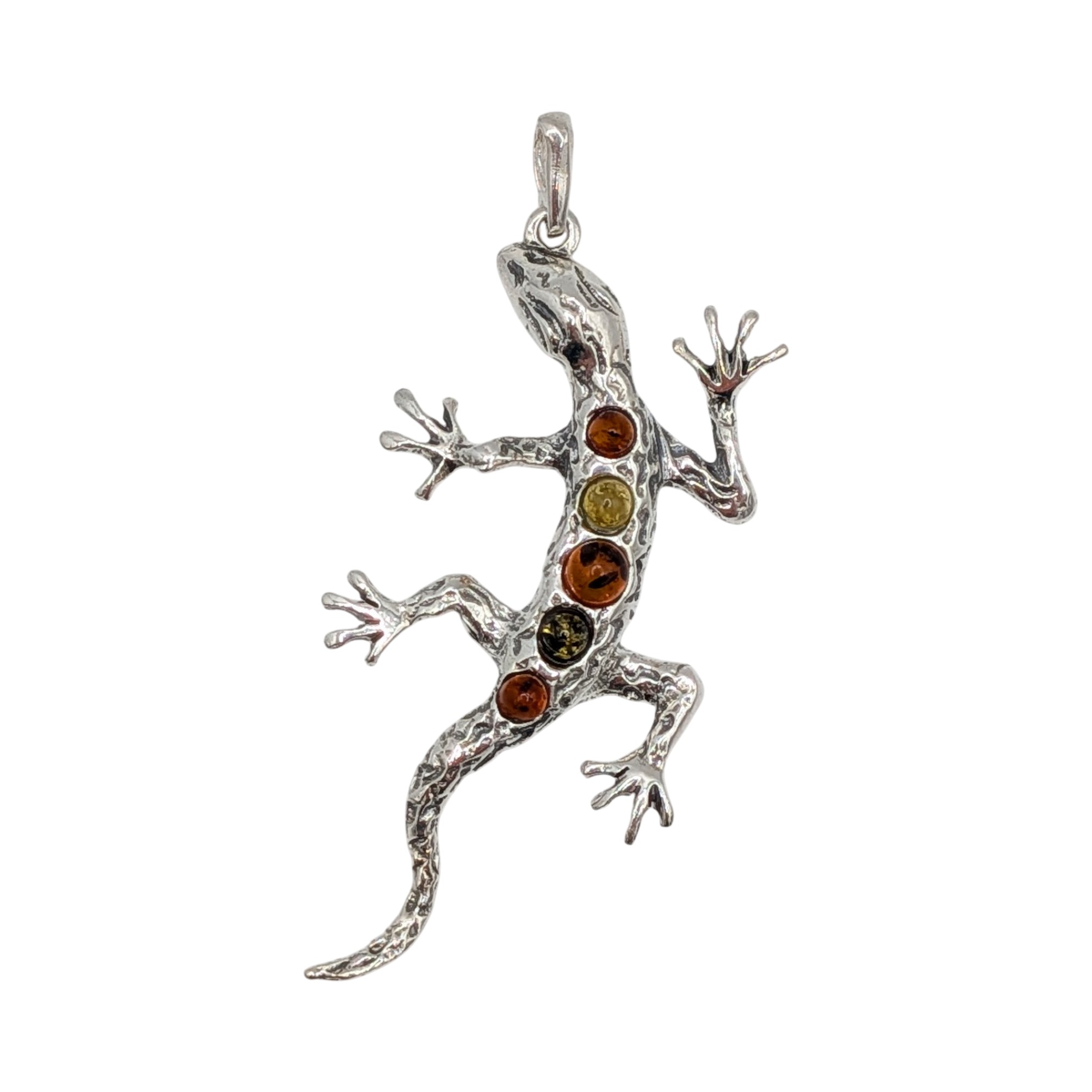 Signed Sterling Silver Two Tone Amber Lizard Pendant