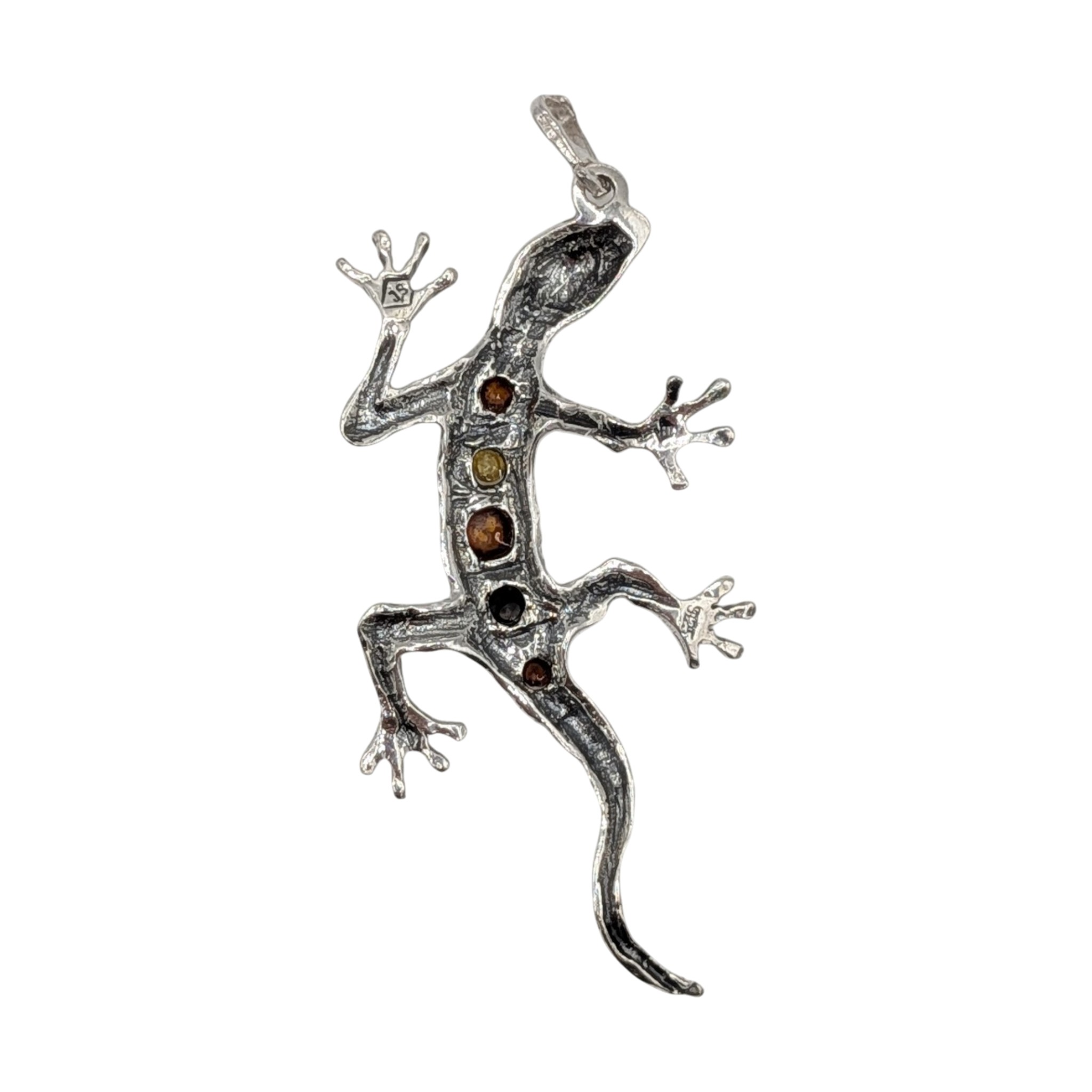 Signed Sterling Silver Two Tone Amber Lizard Pendant
