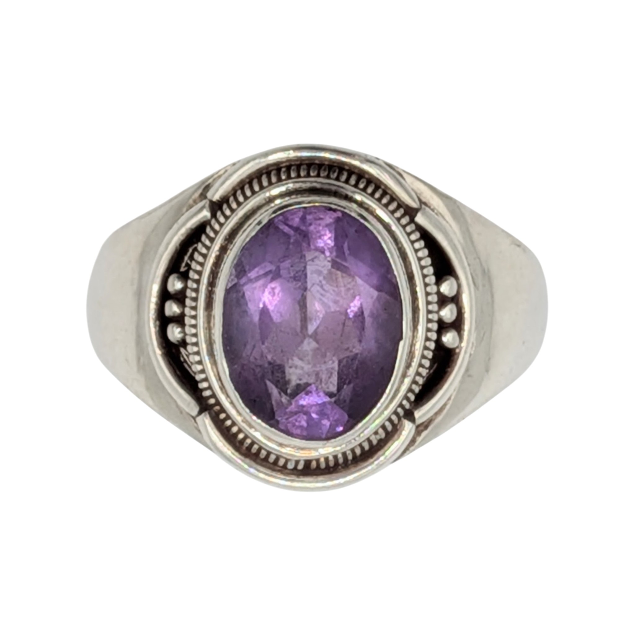 Sterling Silver Amethyst Oval Cut Bezel Set Bali Style Ring Size 7.75