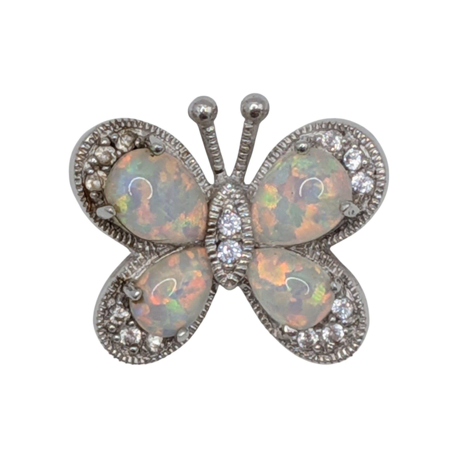 Signed Sterling Silver Opal Diamond Butterfly Double Slide Pendant