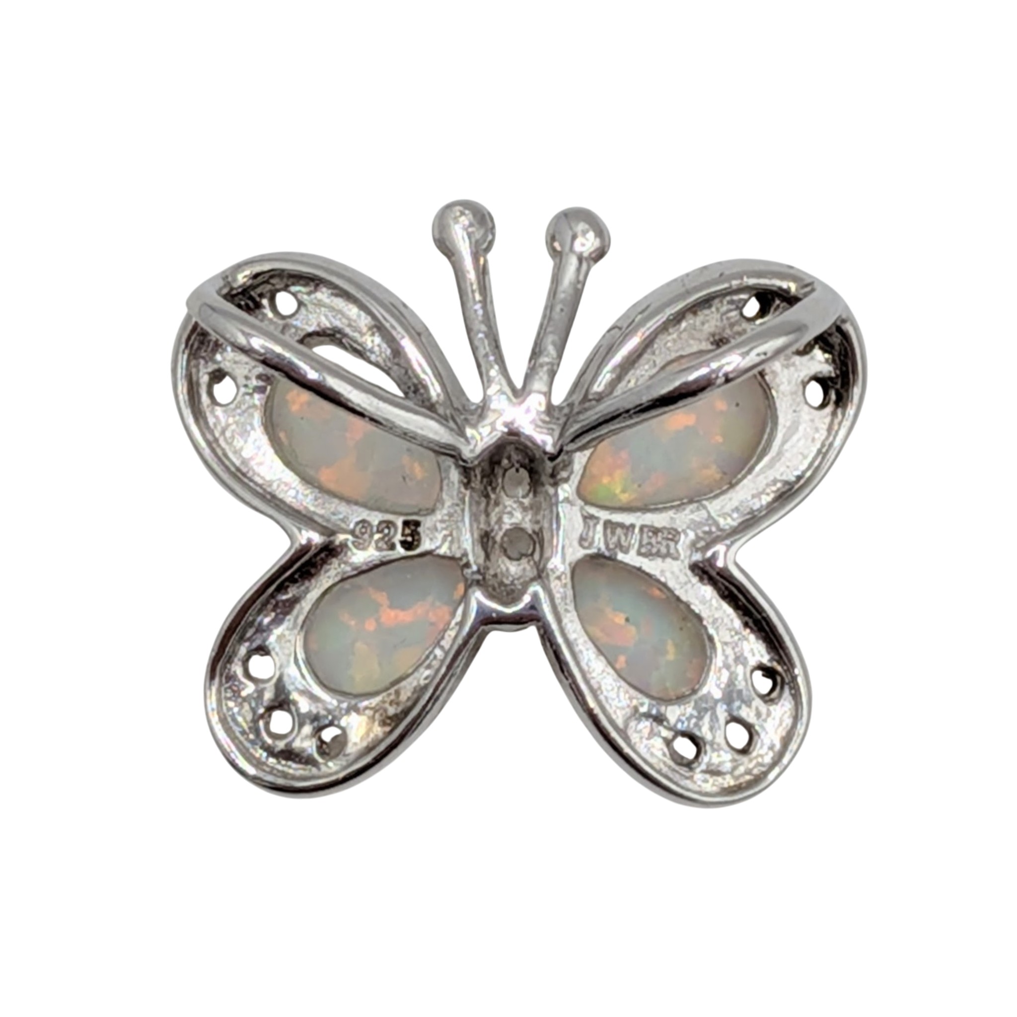 Signed Sterling Silver Opal Diamond Butterfly Double Slide Pendant