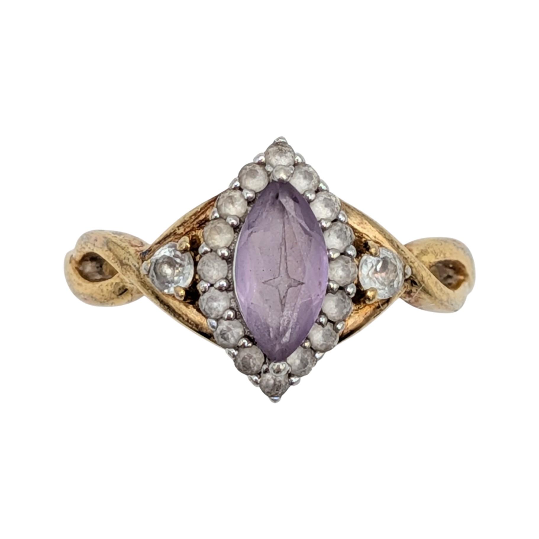 Signed Gold Over Sterling Amethyst White Spinel Twisted Vine Solitaire Ring Size 8.25