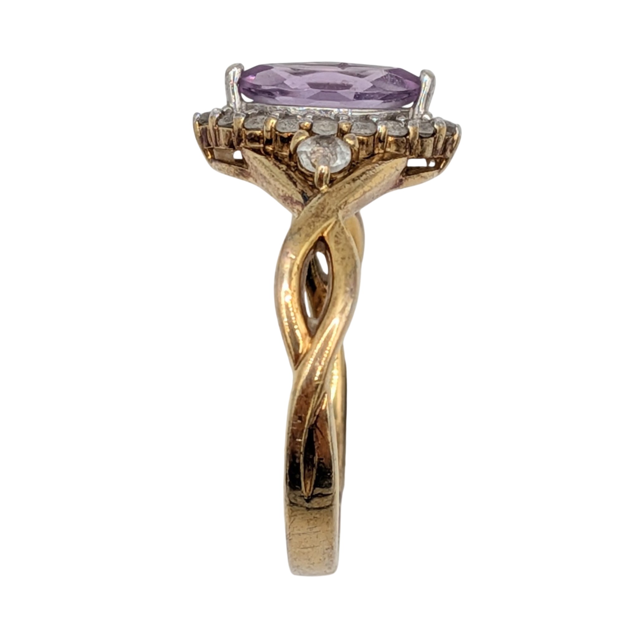 Signed Gold Over Sterling Amethyst White Spinel Twisted Vine Solitaire Ring Size 8.25