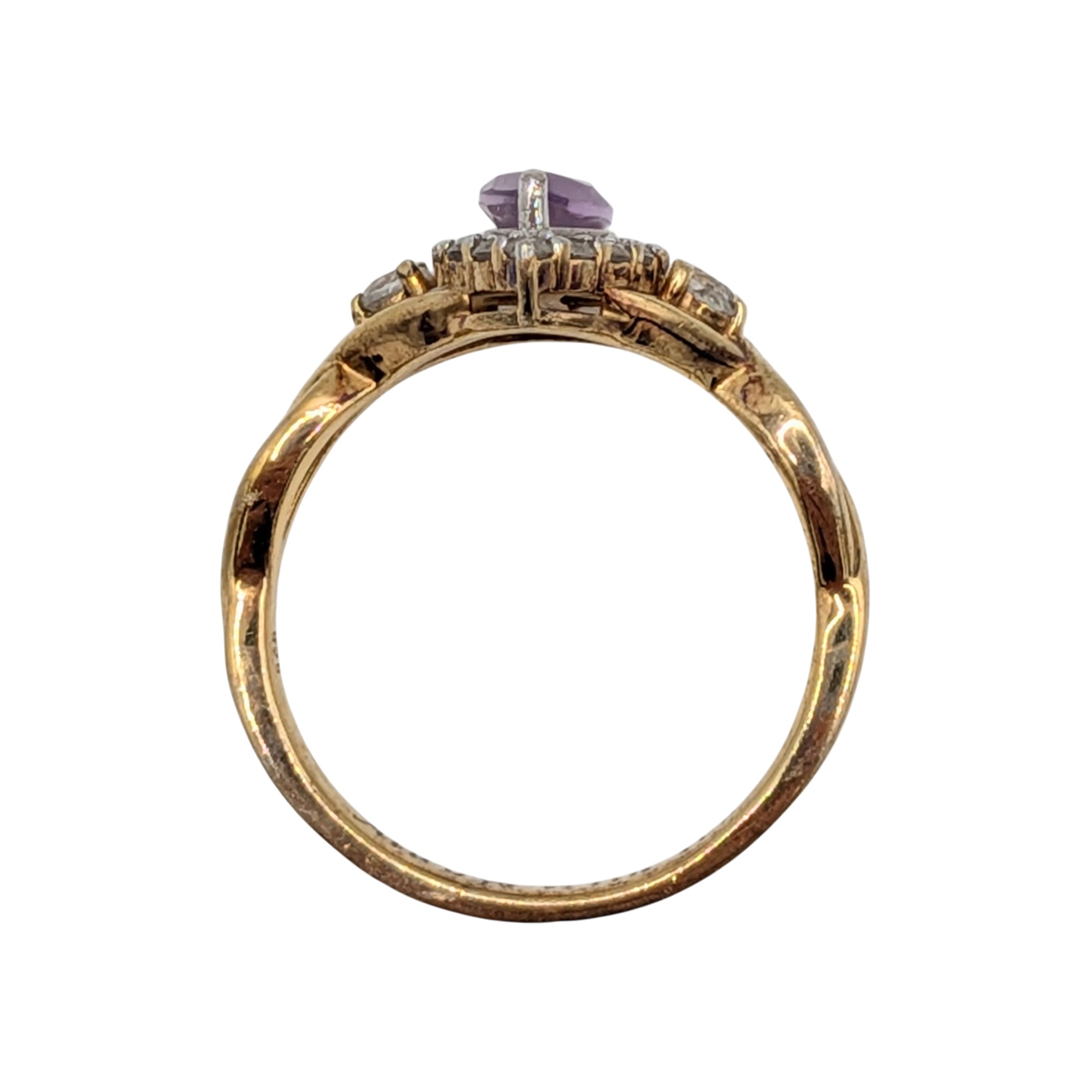 Signed Gold Over Sterling Amethyst White Spinel Twisted Vine Solitaire Ring Size 8.25