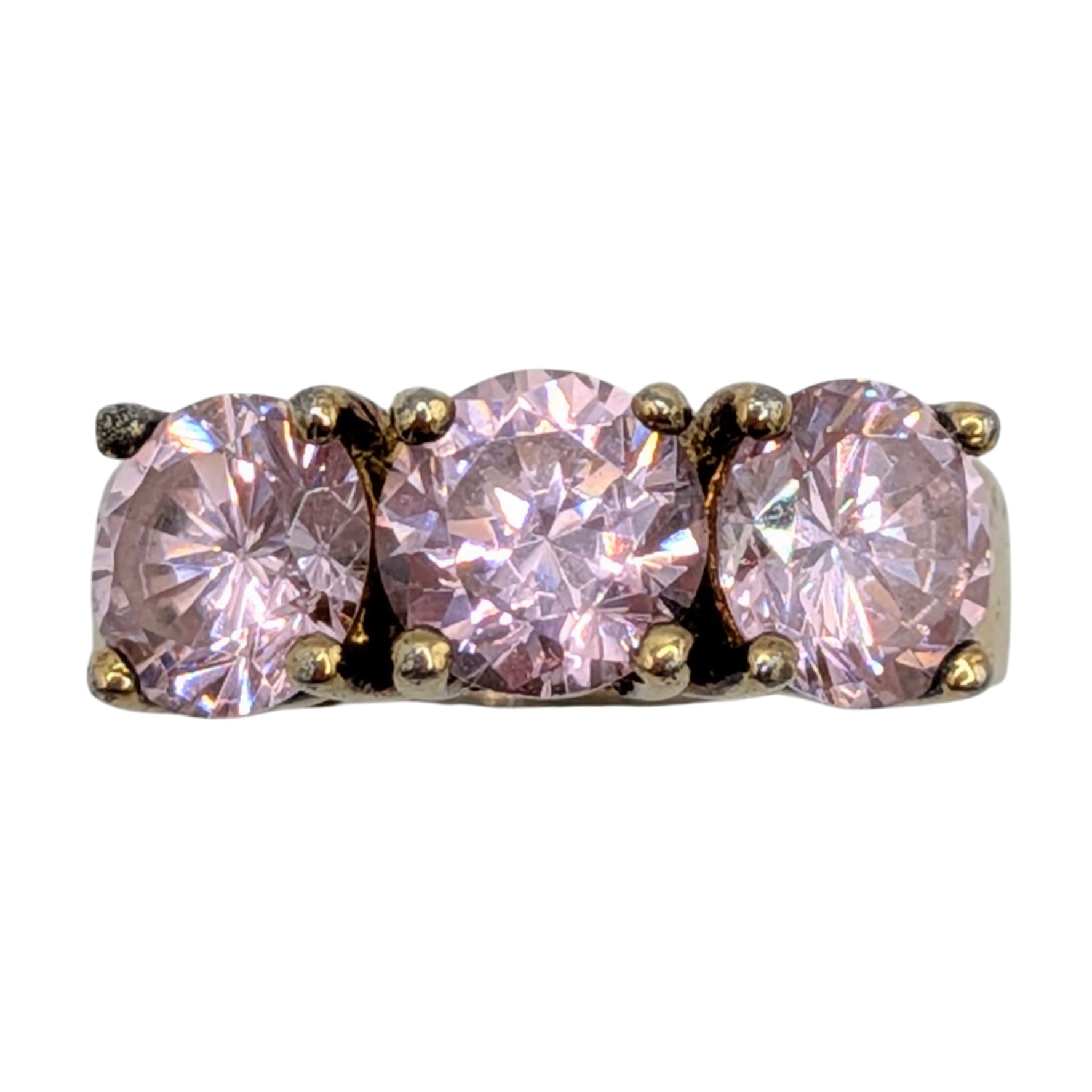 Signed Gold Over Sterling Silver Pink CZ Three Stone Ring Size 6.5