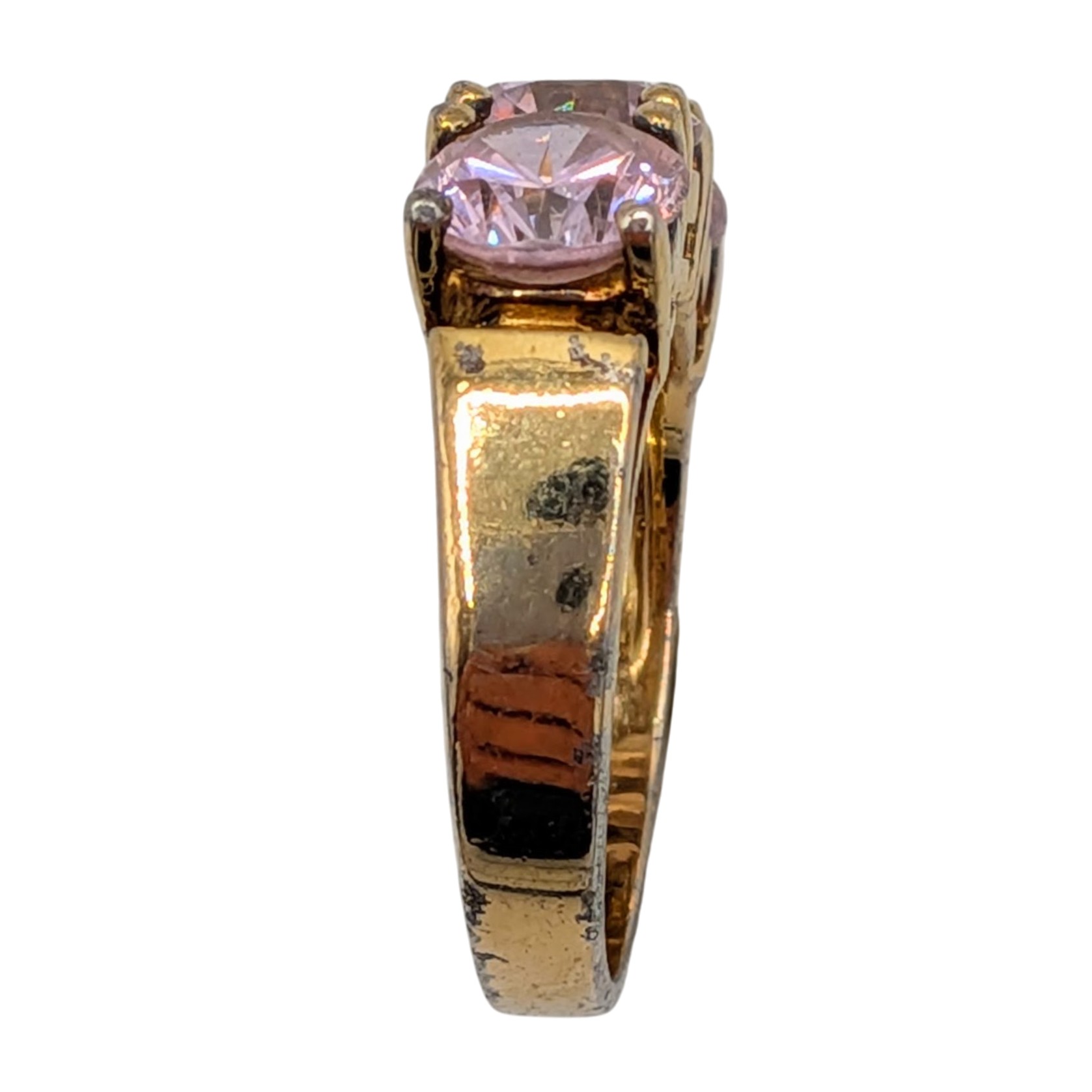 Signed Gold Over Sterling Silver Pink CZ Three Stone Ring Size 6.5