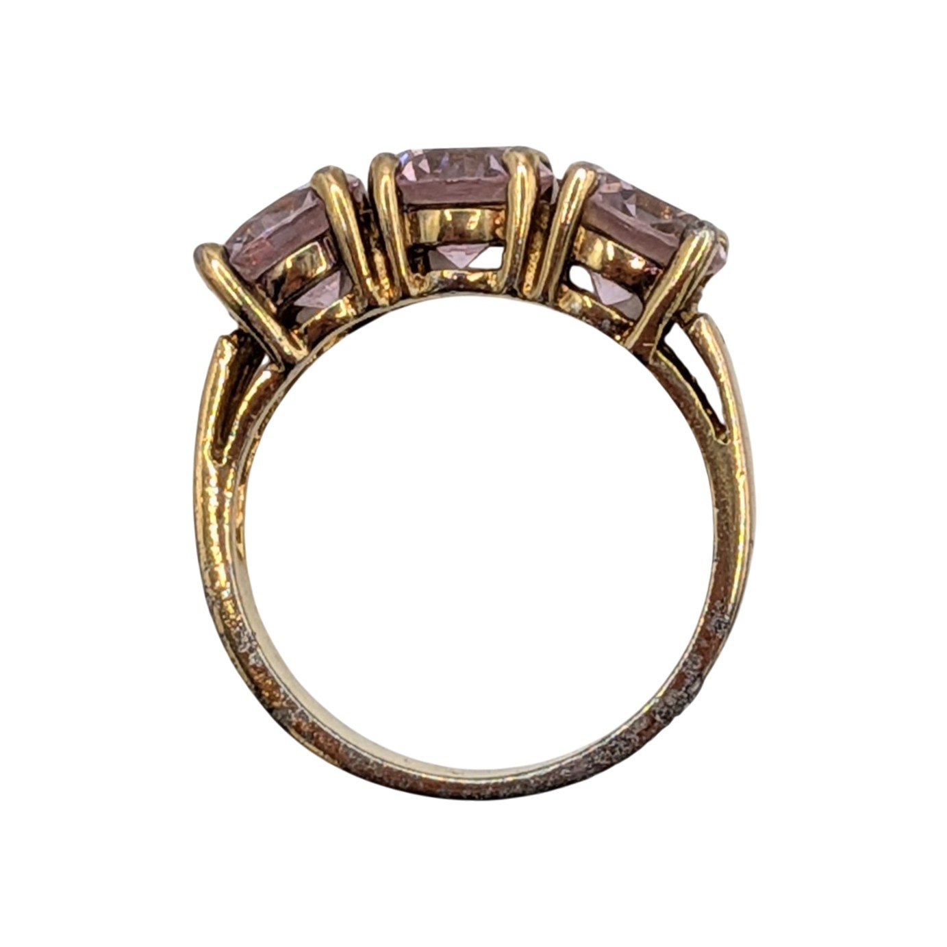 Signed Gold Over Sterling Silver Pink CZ Three Stone Ring Size 6.5
