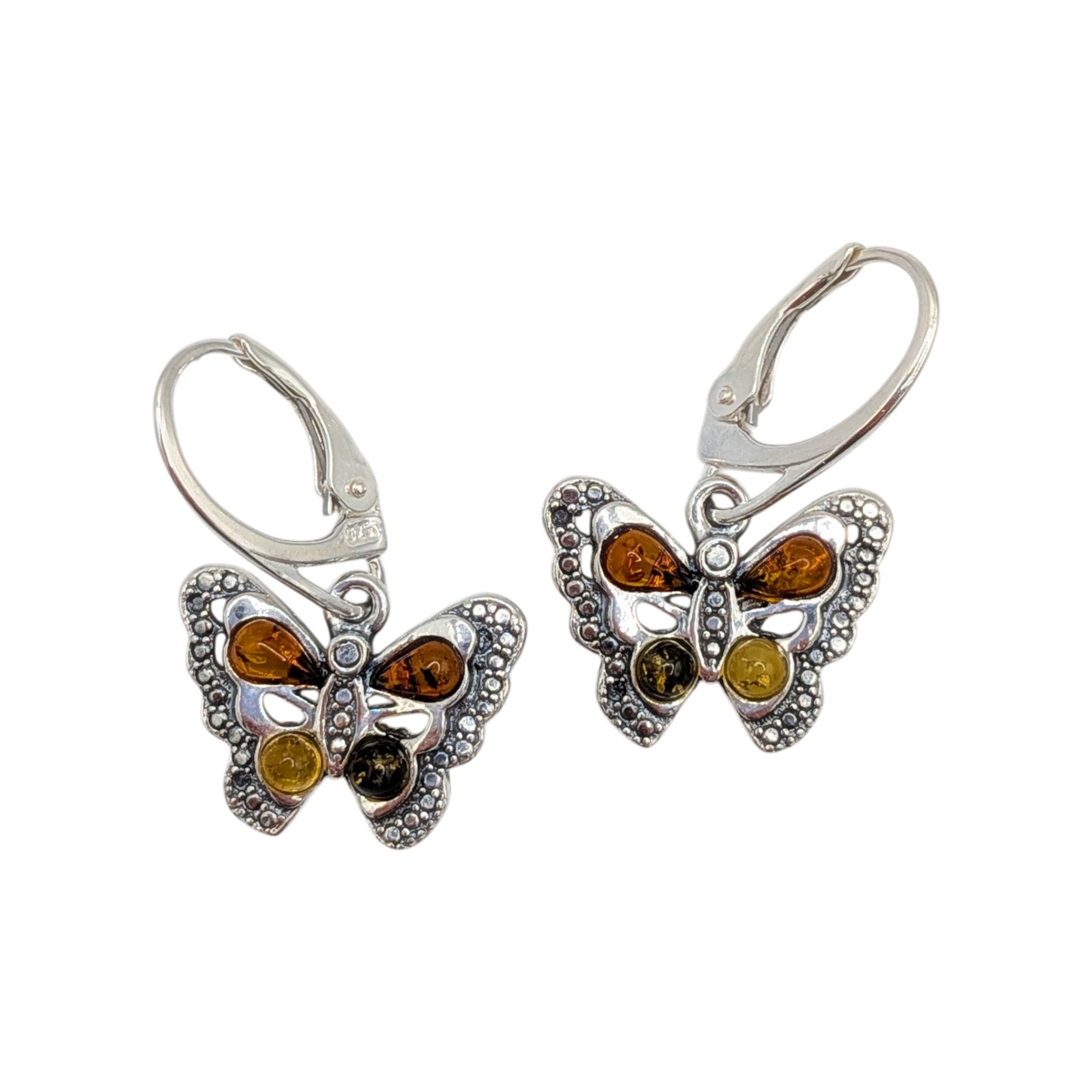 Sterling Silver Two Tone Amber Butterfly Dangle Earrings