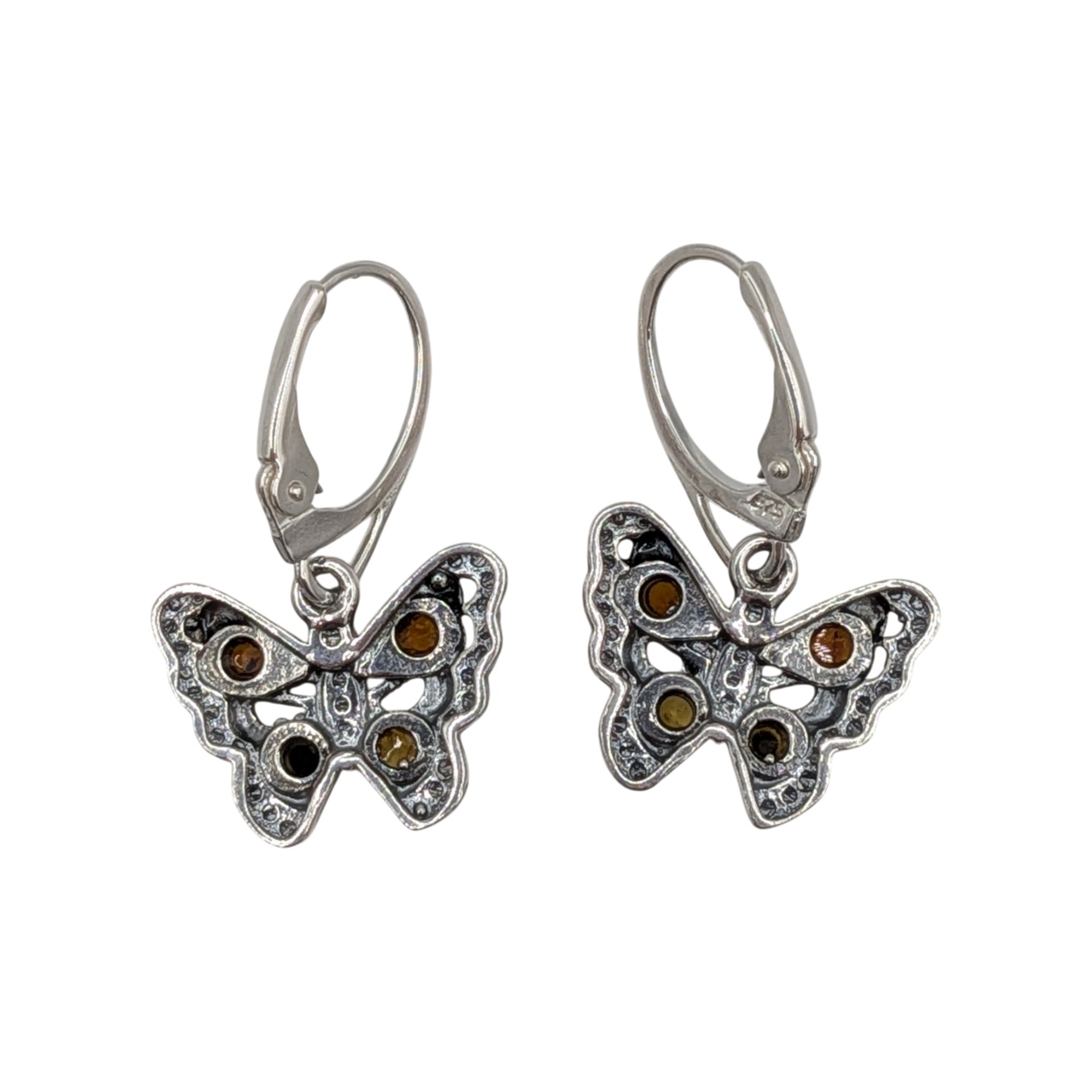 Sterling Silver Two Tone Amber Butterfly Dangle Earrings
