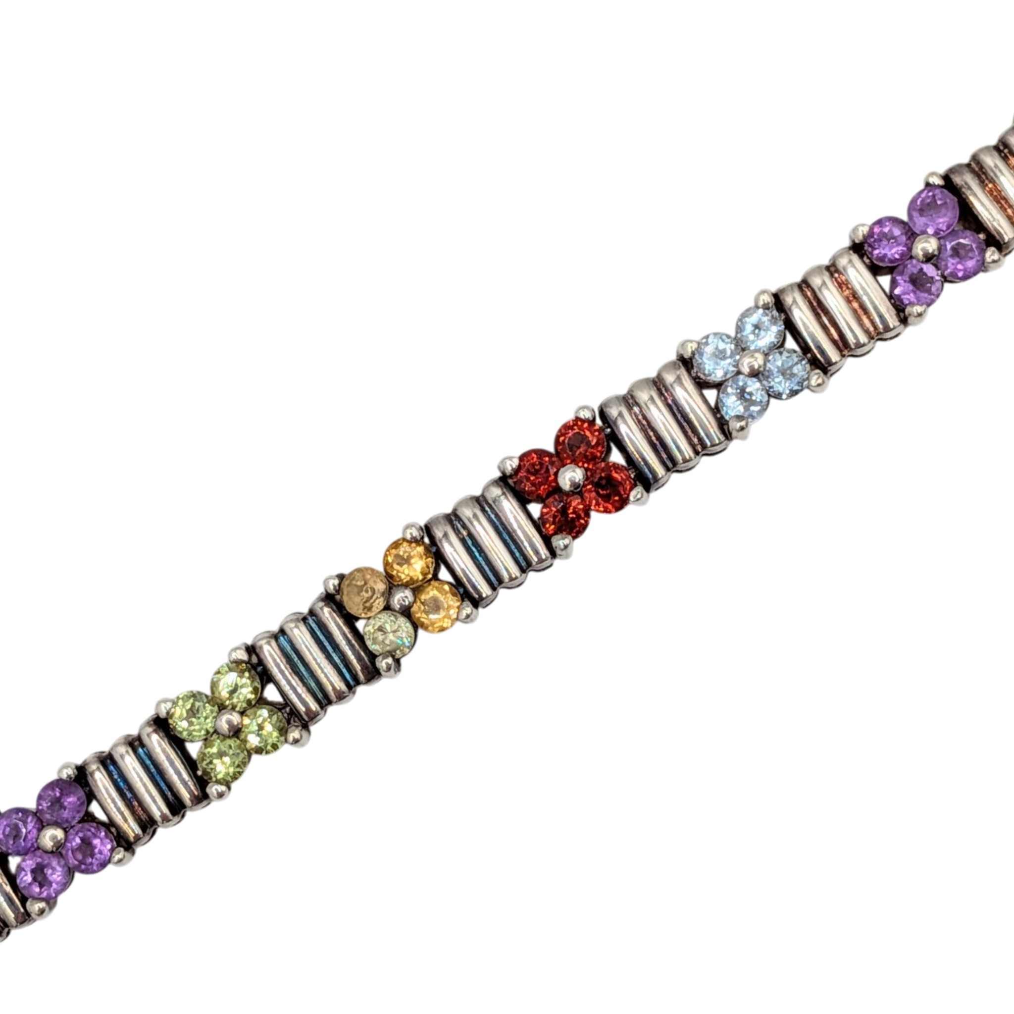 Signed Sterling Silver Multi-Stone Floral Tennis Bracelet
