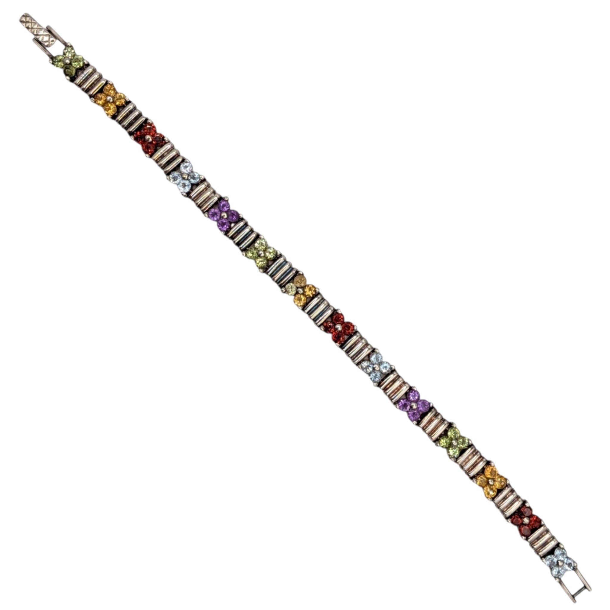 Signed Sterling Silver Multi-Stone Floral Tennis Bracelet