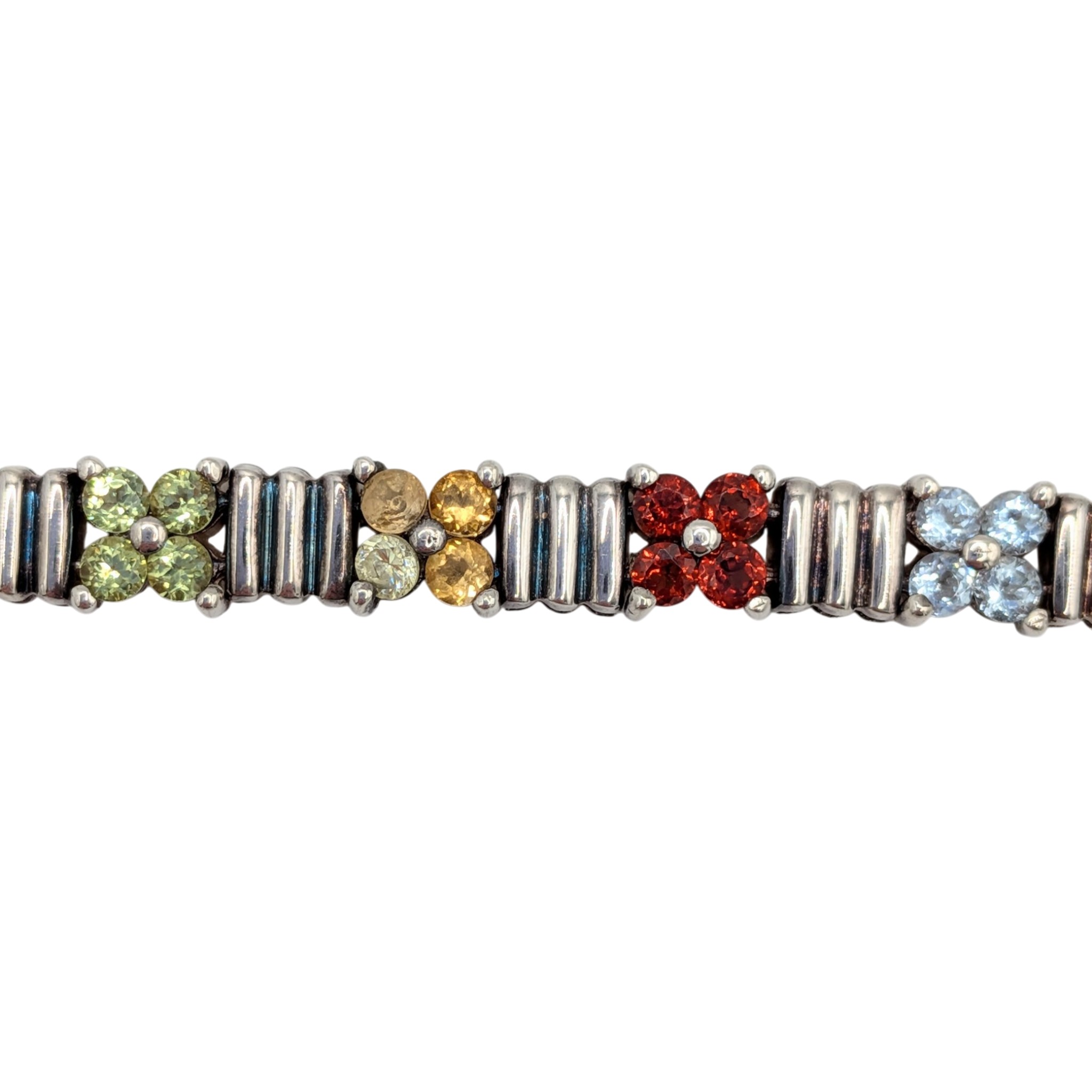 Signed Sterling Silver Multi-Stone Floral Tennis Bracelet