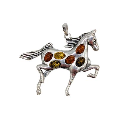 Sterling Silver Two Tone Amber Horse Pendant. Sterling Silver, Green Amber, Orange Amber Horse 