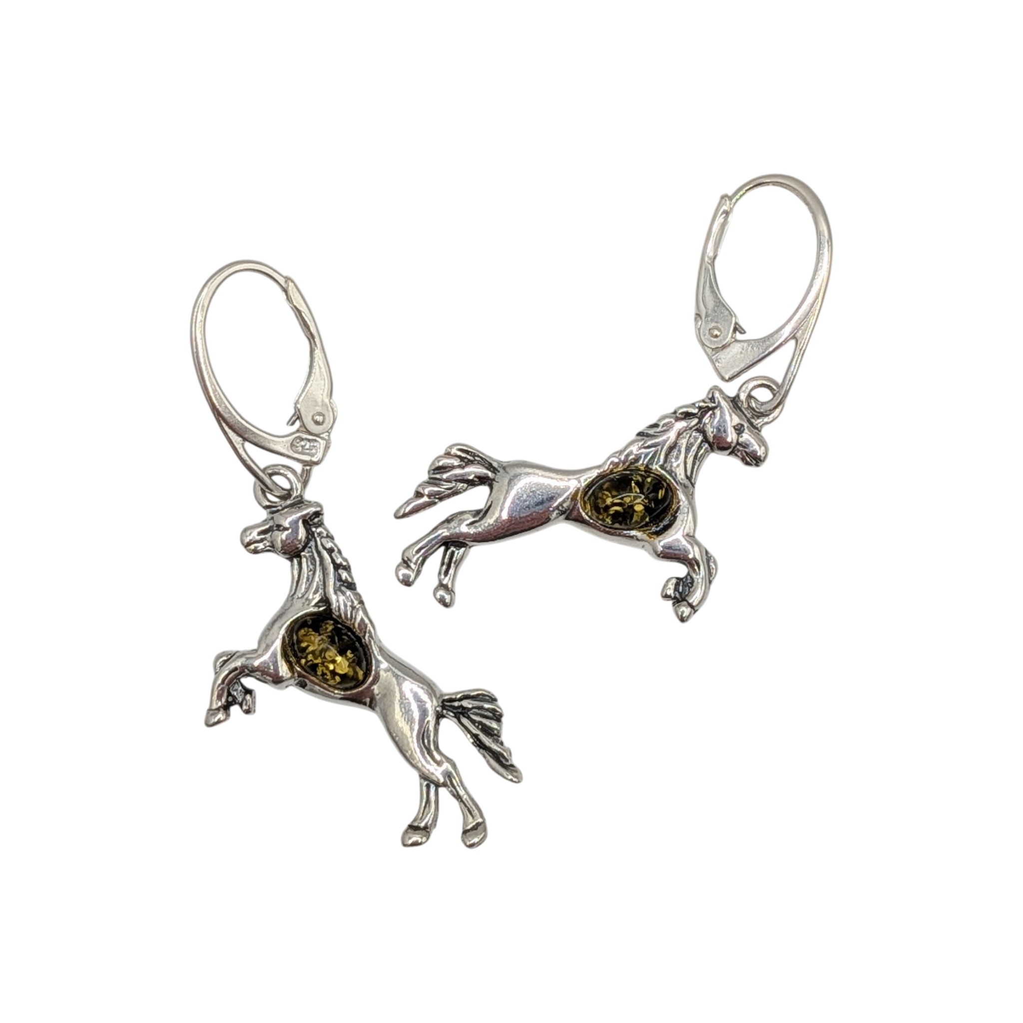 Signed Sterling Silver Green Amber Horse Drop Earrings