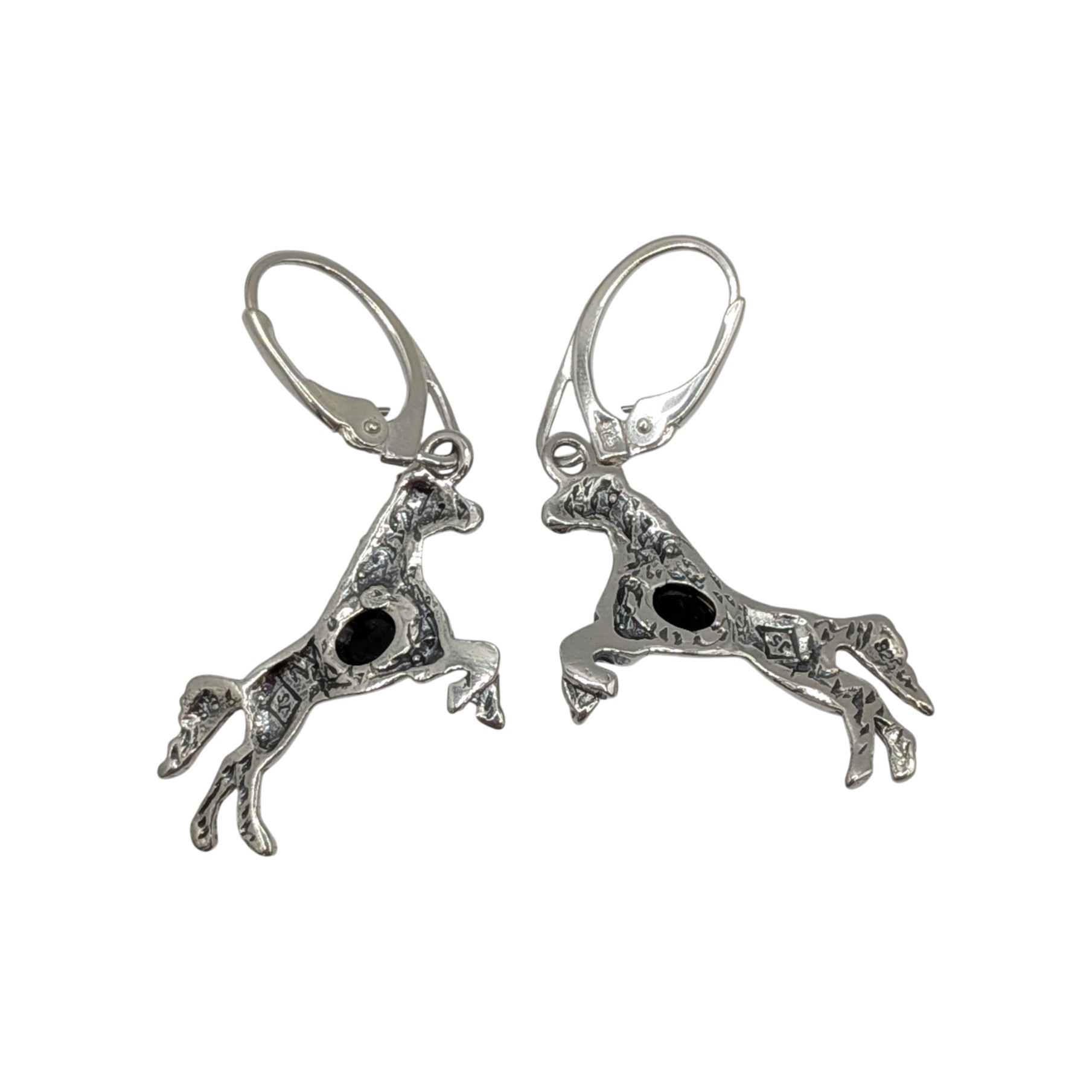 Signed Sterling Silver Green Amber Horse Drop Earrings