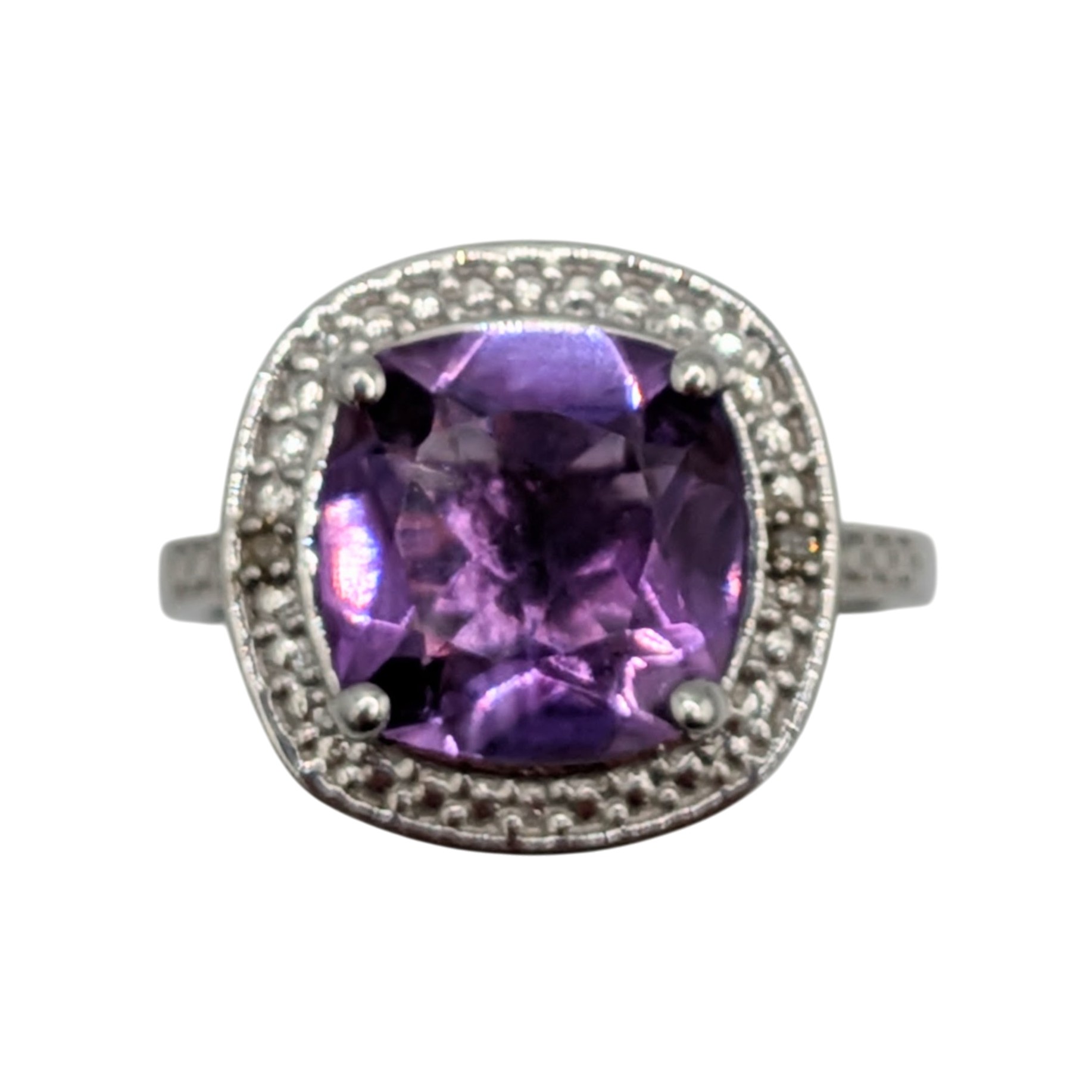 Sterling Silver Amethyst Diamond Cathedral Solitaire Ring Size 7.25