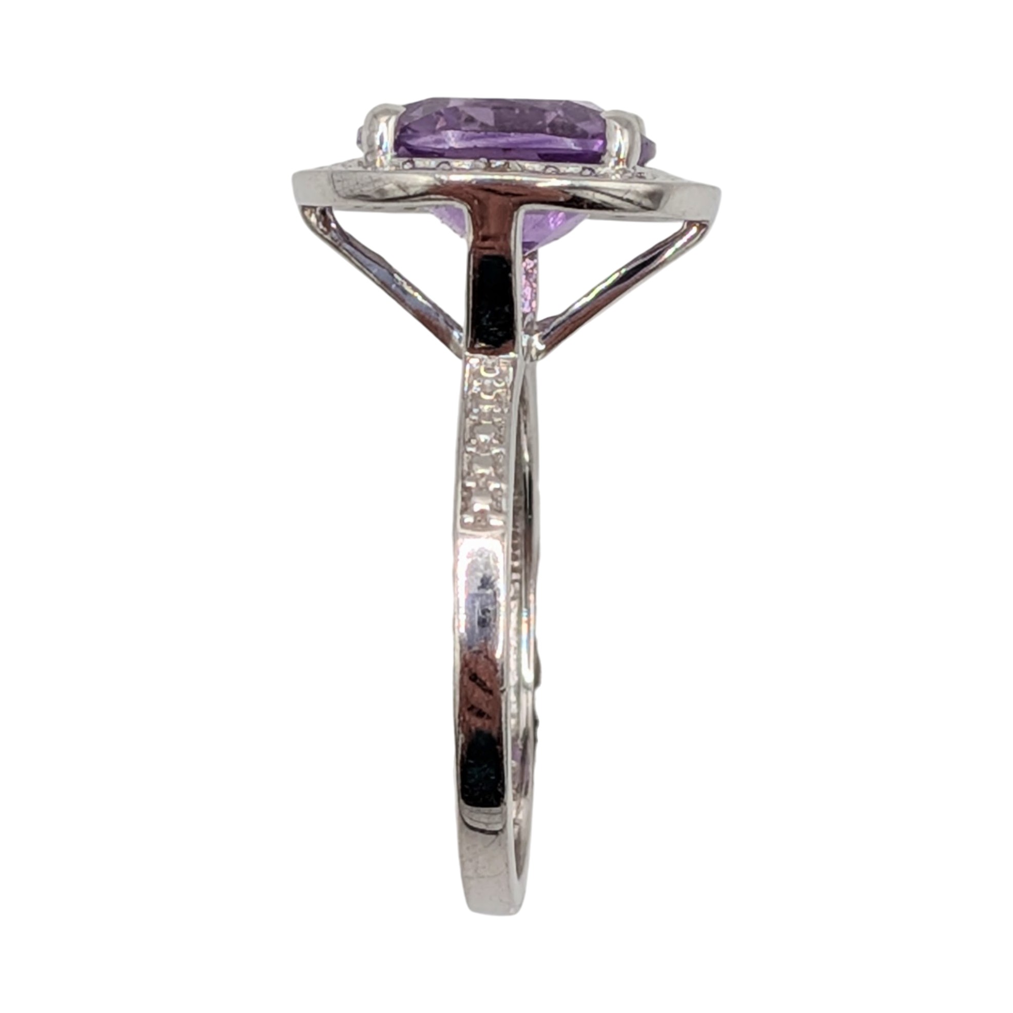 Sterling Silver Amethyst Diamond Cathedral Solitaire Ring Size 7.25