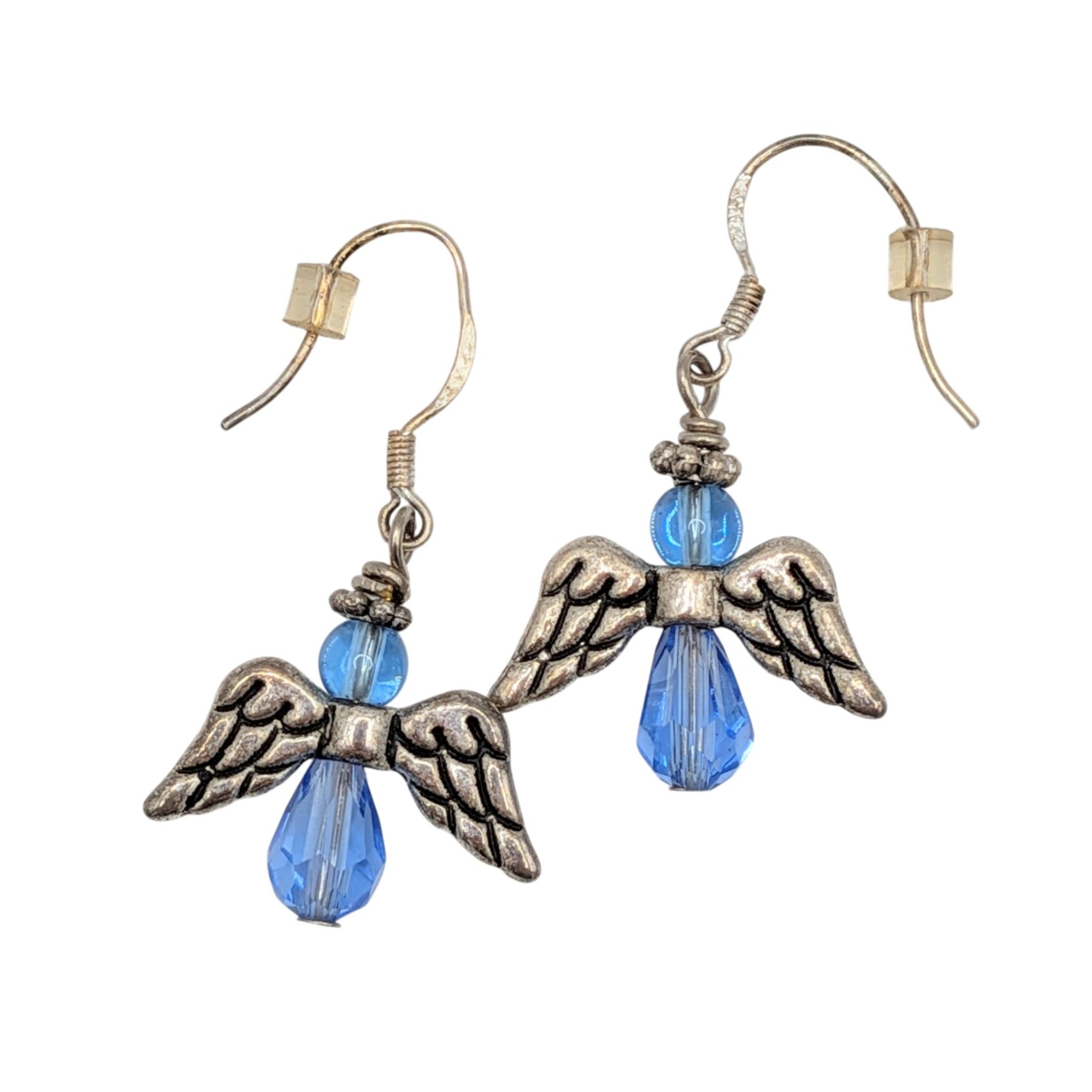 Sterling Silver Cut Blue Glass Bead Angel Dangle Earrings