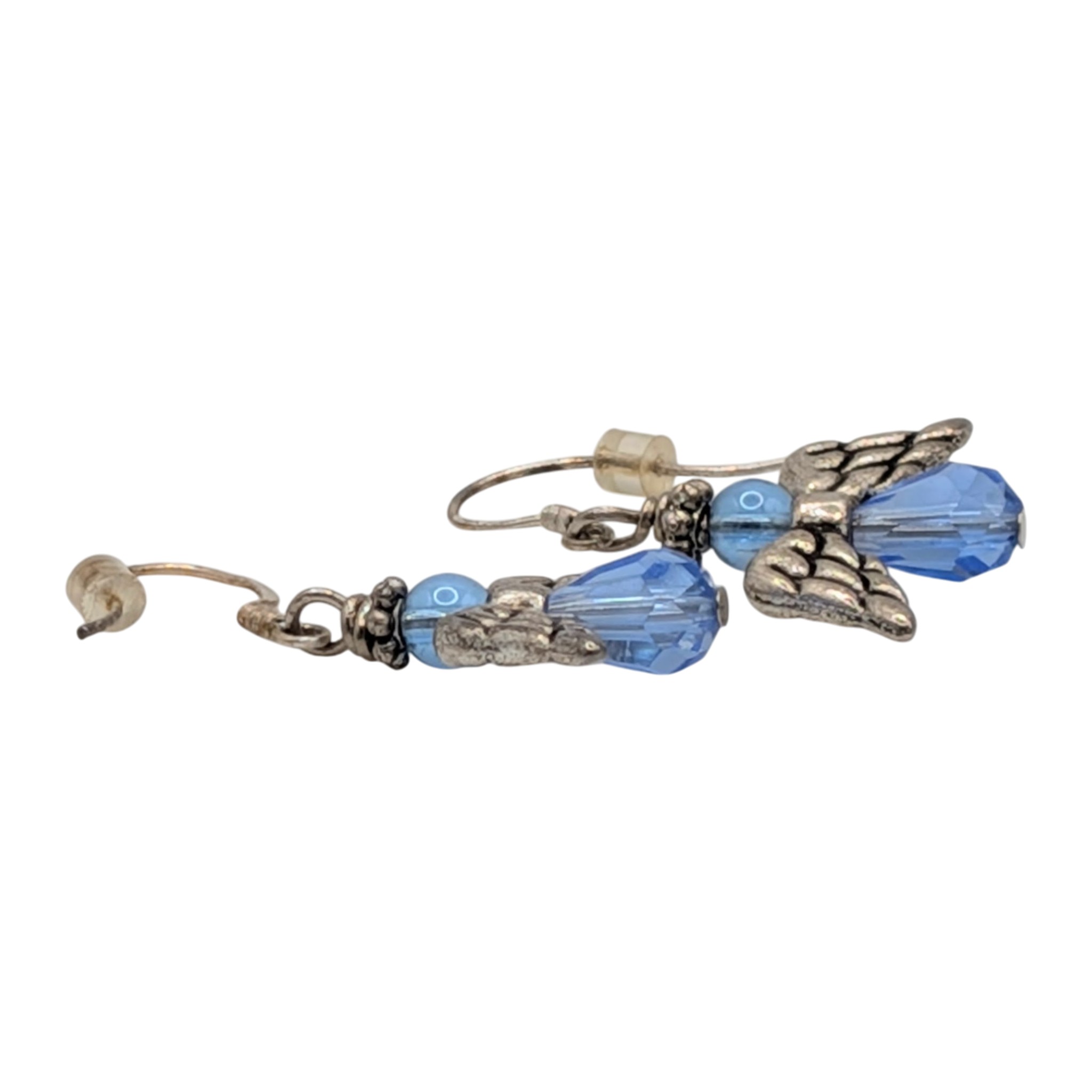 Sterling Silver Cut Blue Glass Bead Angel Dangle Earrings