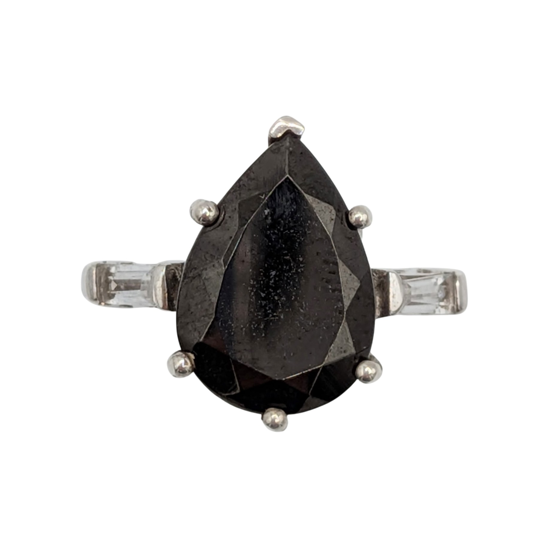 Signed Sterling Silver Black Onyx White Spinel Three Stone Ring Size 7.25