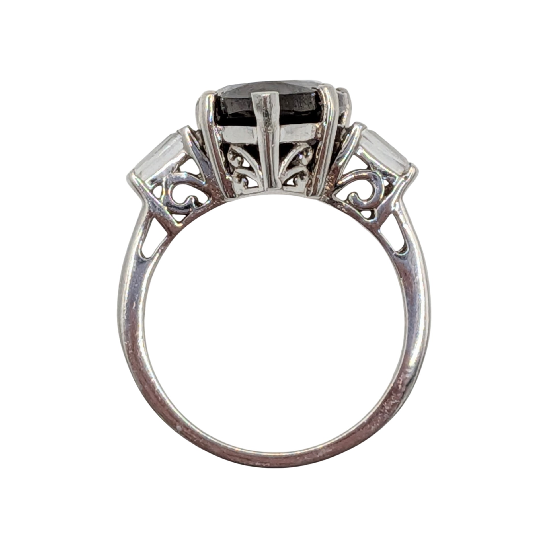 Signed Sterling Silver Black Onyx White Spinel Three Stone Ring Size 7.25