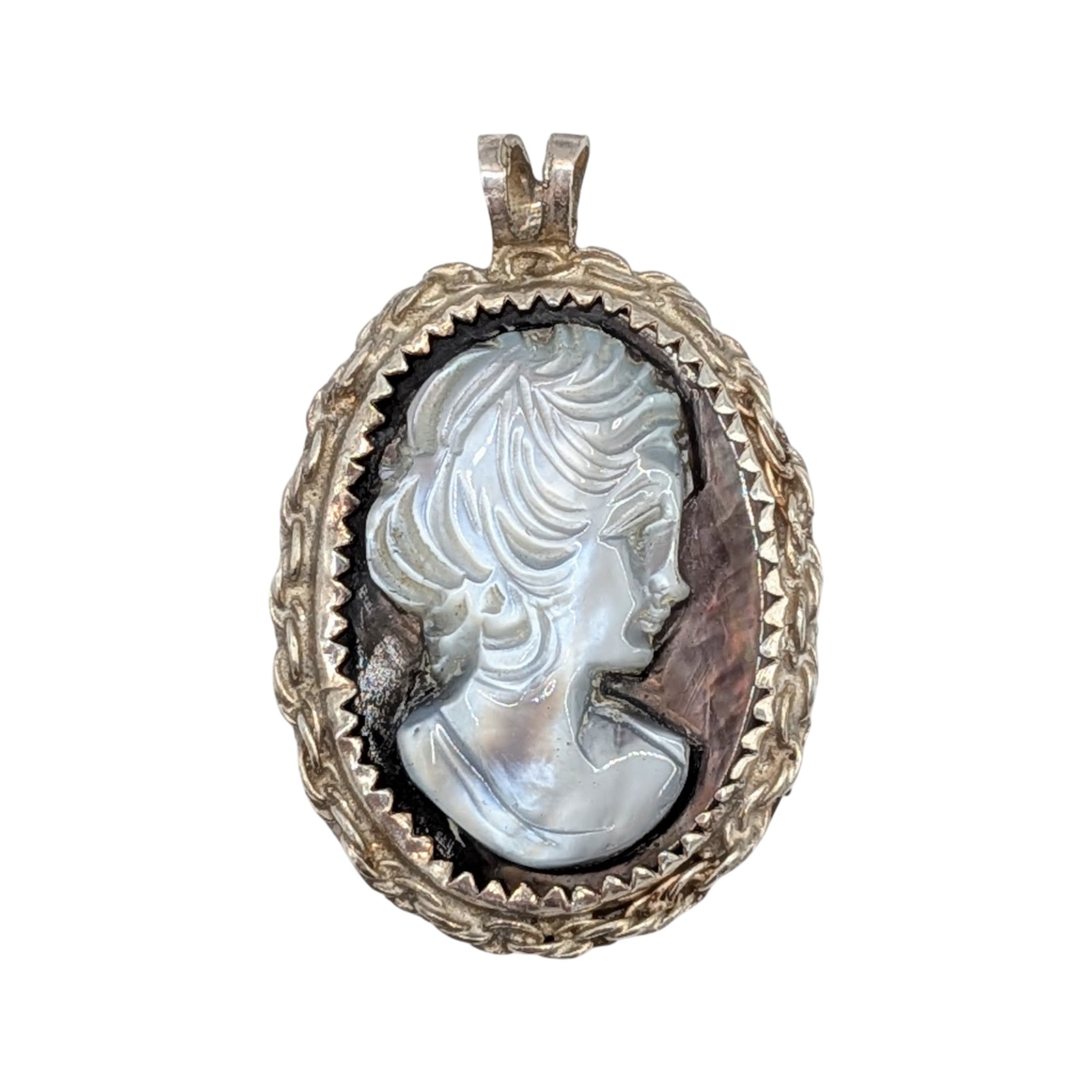 Signed Sterling Silver Mother Of Pearl Cameo Drop Pendant