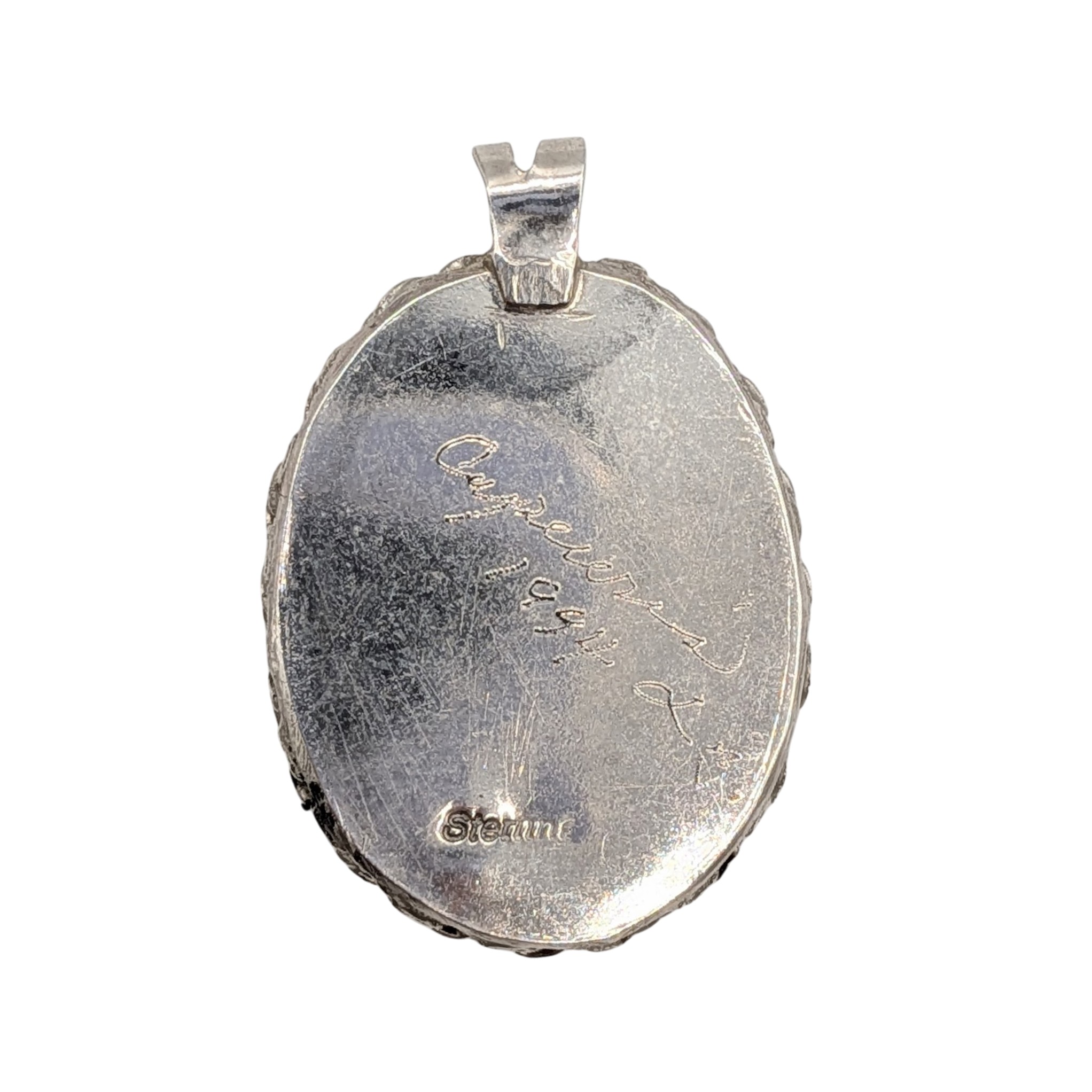 Signed Sterling Silver Mother Of Pearl Cameo Drop Pendant