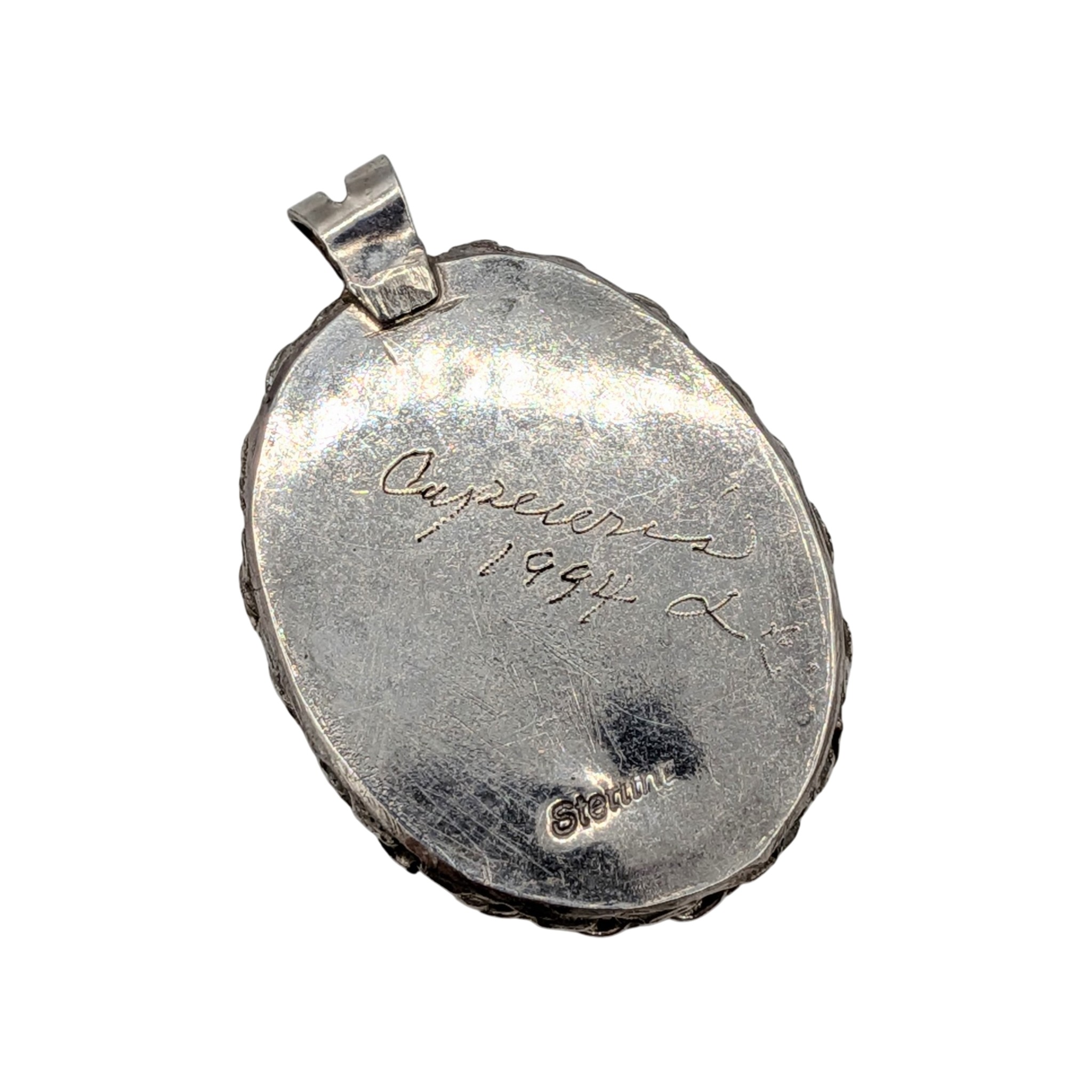 Signed Sterling Silver Mother Of Pearl Cameo Drop Pendant