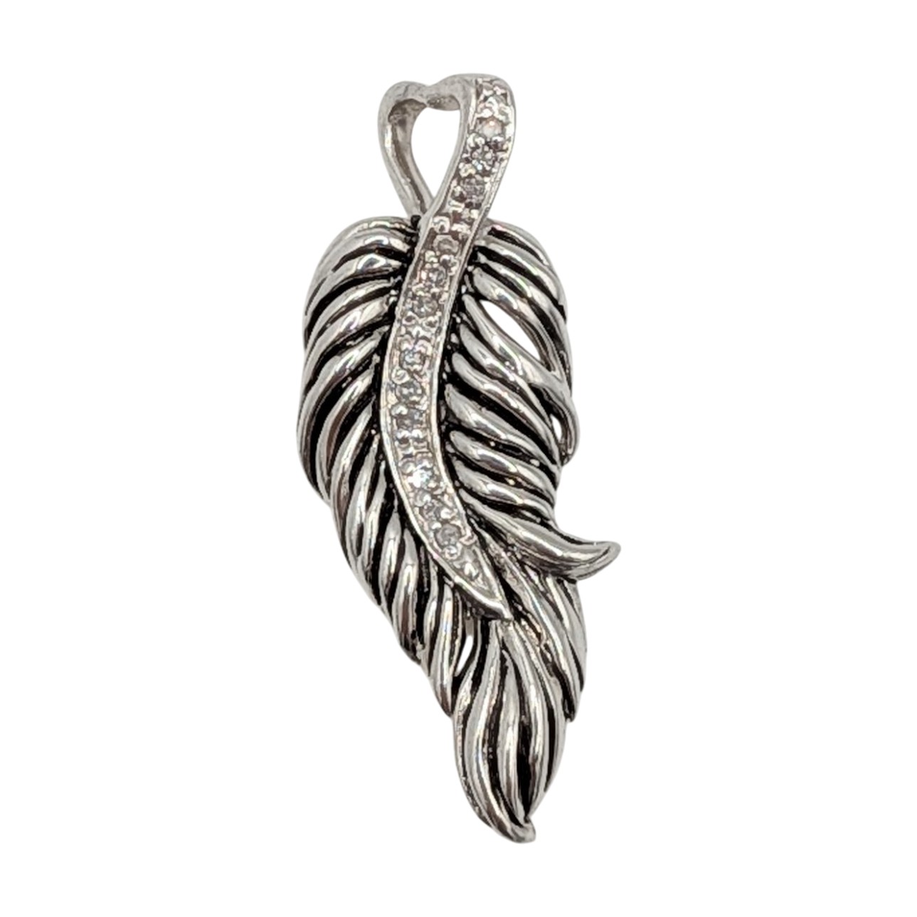 Signed Sterling Silver Diamond Micro Pave Feather Pendant