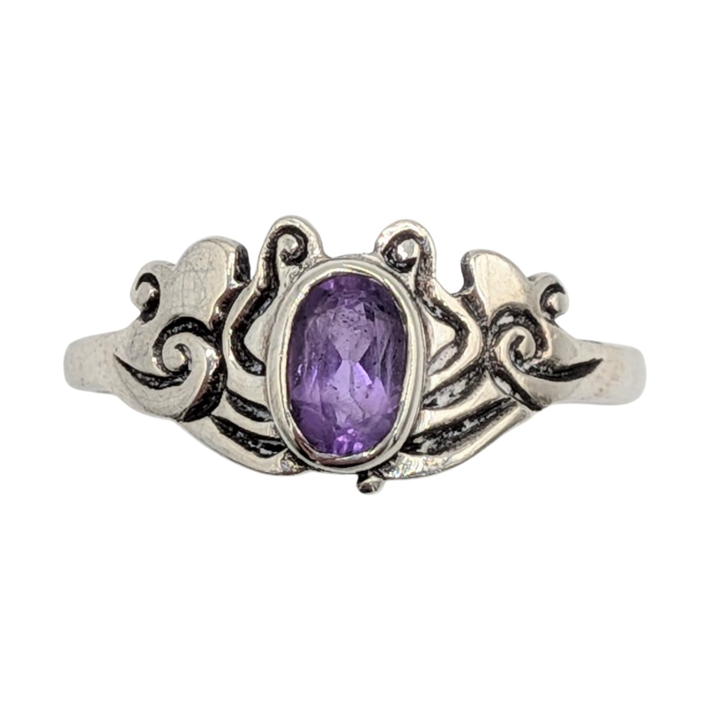 Signed Sterling Silver Amethyst Oval Scroll Design Ring Size 8.5