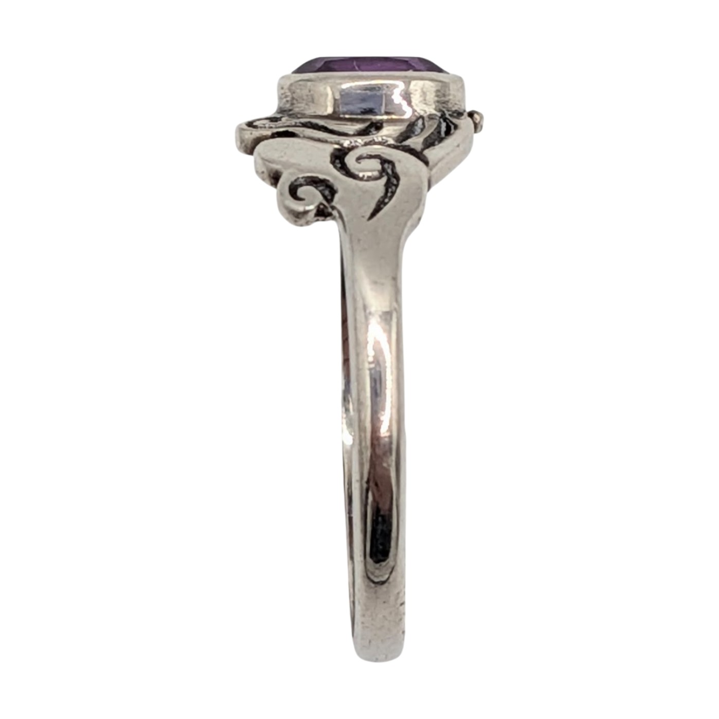 Signed Sterling Silver Amethyst Oval Scroll Design Ring Size 8.5