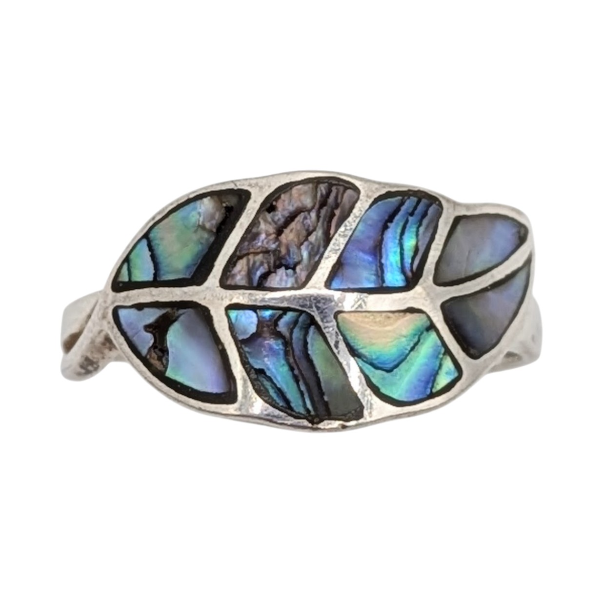 Signed Sterling Silver Abalone Inlay Leaf Ring Size 8.75