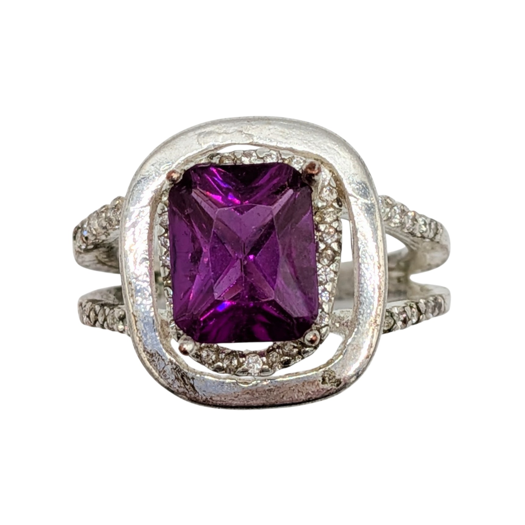 Sterling Silver CZ Rectangle Double Halo Statement Ring Size 7.75