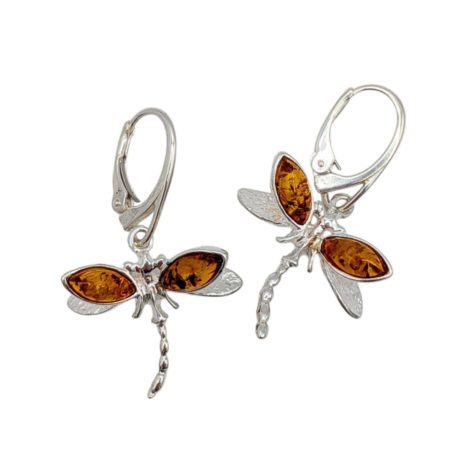 Signed Sterling Silver Amber Dragonfly Dangle Earrings