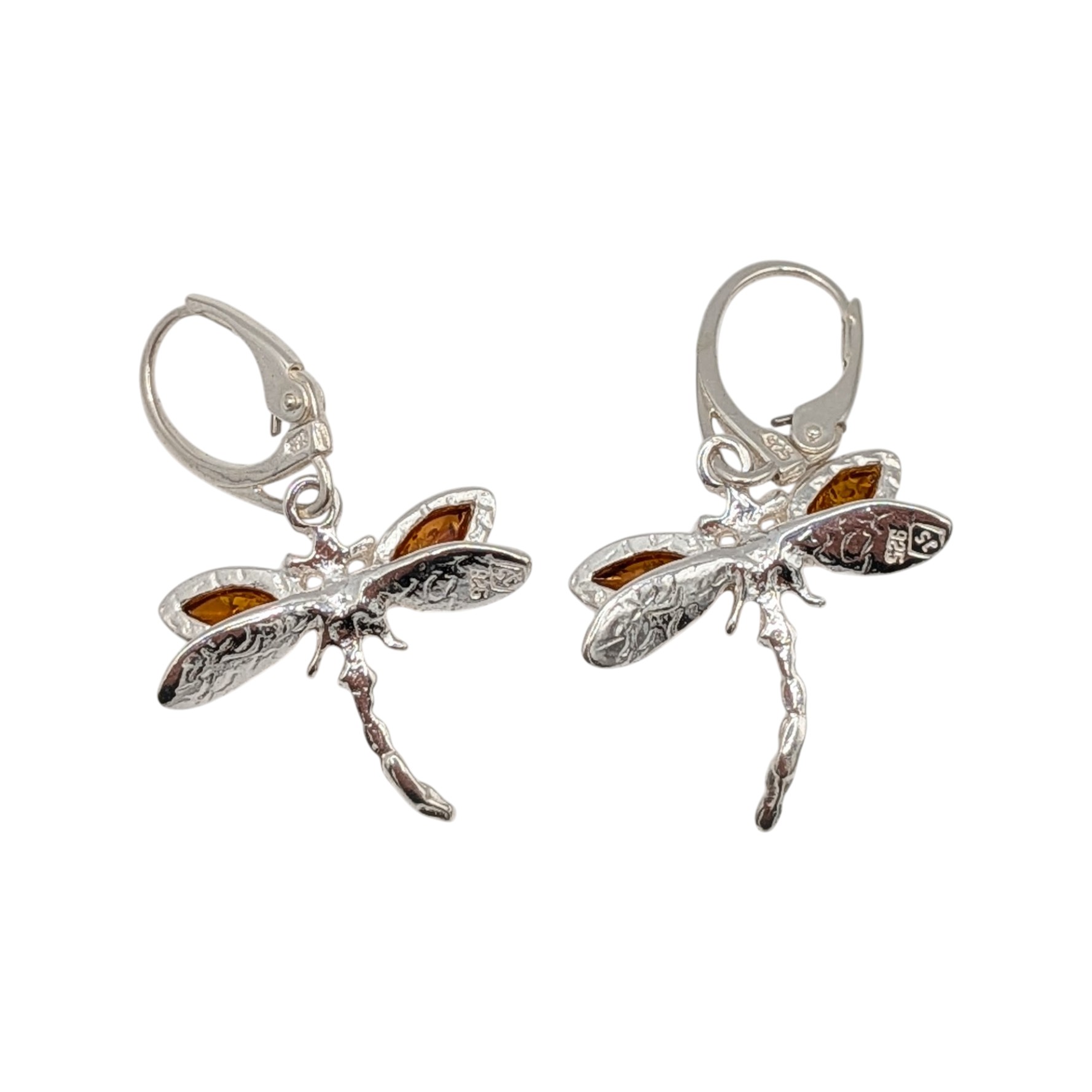 Signed Sterling Silver Amber Dragonfly Dangle Earrings